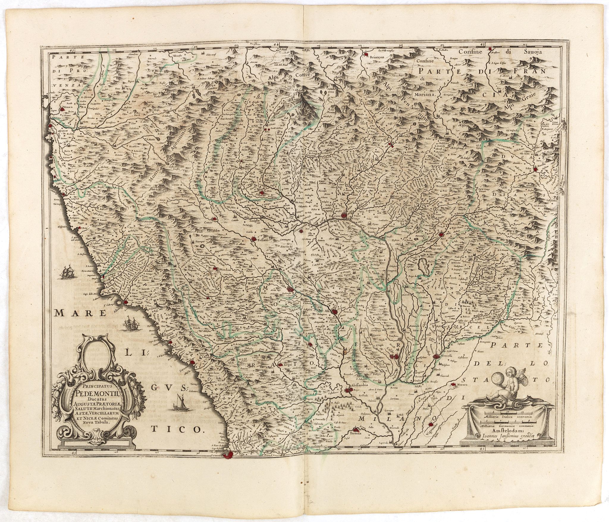 JANSSONIUS, J., Principatus Pedemontii, Ducatus Augustae Praetoriae, Salutii Marchionatus, Astae, Vercellarum et Niceae Comitatus Nova Tabula, antique map, old maps