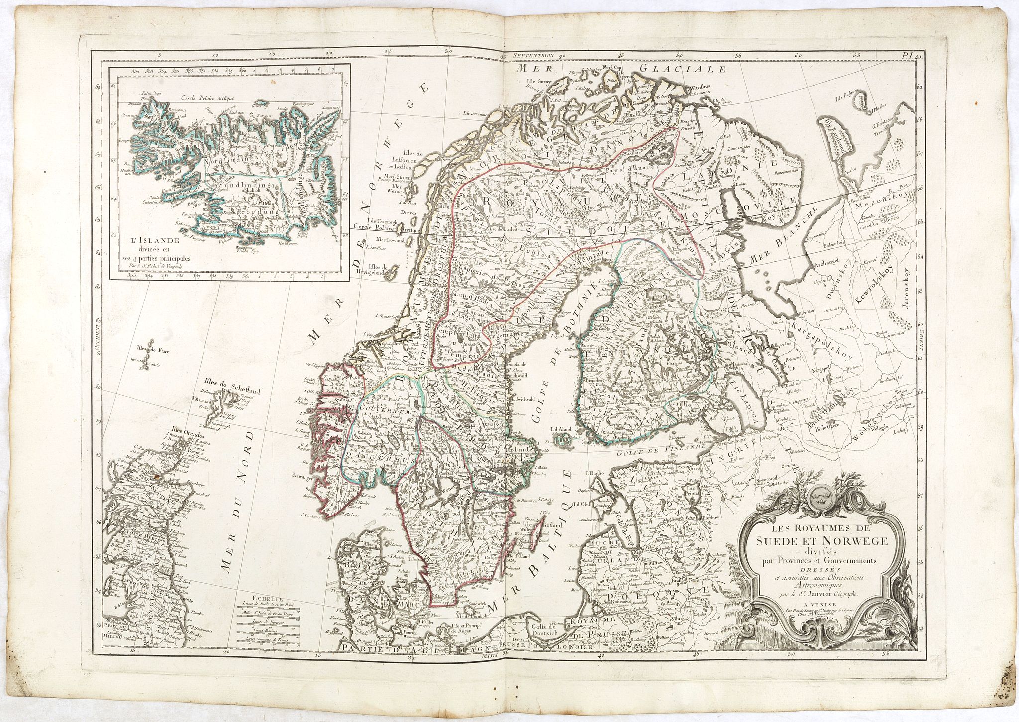 SANTINI, F. / REMONDINI, M., Les Royaumes de Suede et Norwege divisés par Provinces et Gouvernements Dressés et assujettis aux observations Astronomiques. Par le Sr. Janvier Géographe., antique map, old maps