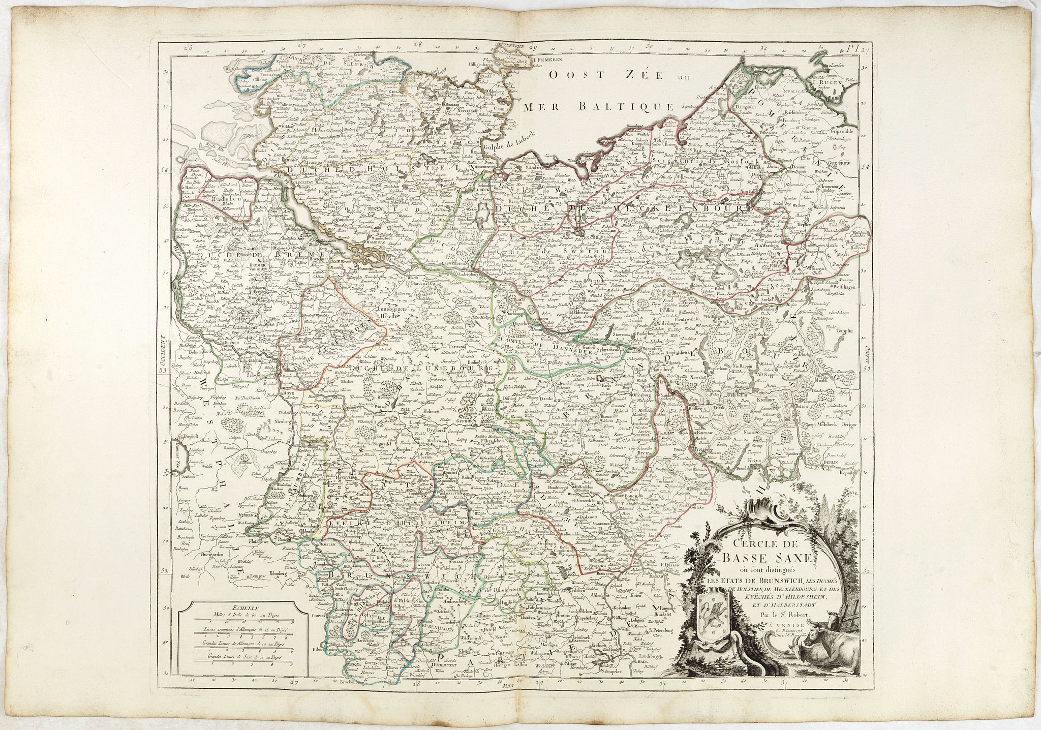 SANTINI, P. / REMONDINI, M., Cercle de Basse Saxe où sont distingués les états de ... et des évêchés d'Hildesheim et d'Halberstadt par le Sr. Robert., antique map, old maps