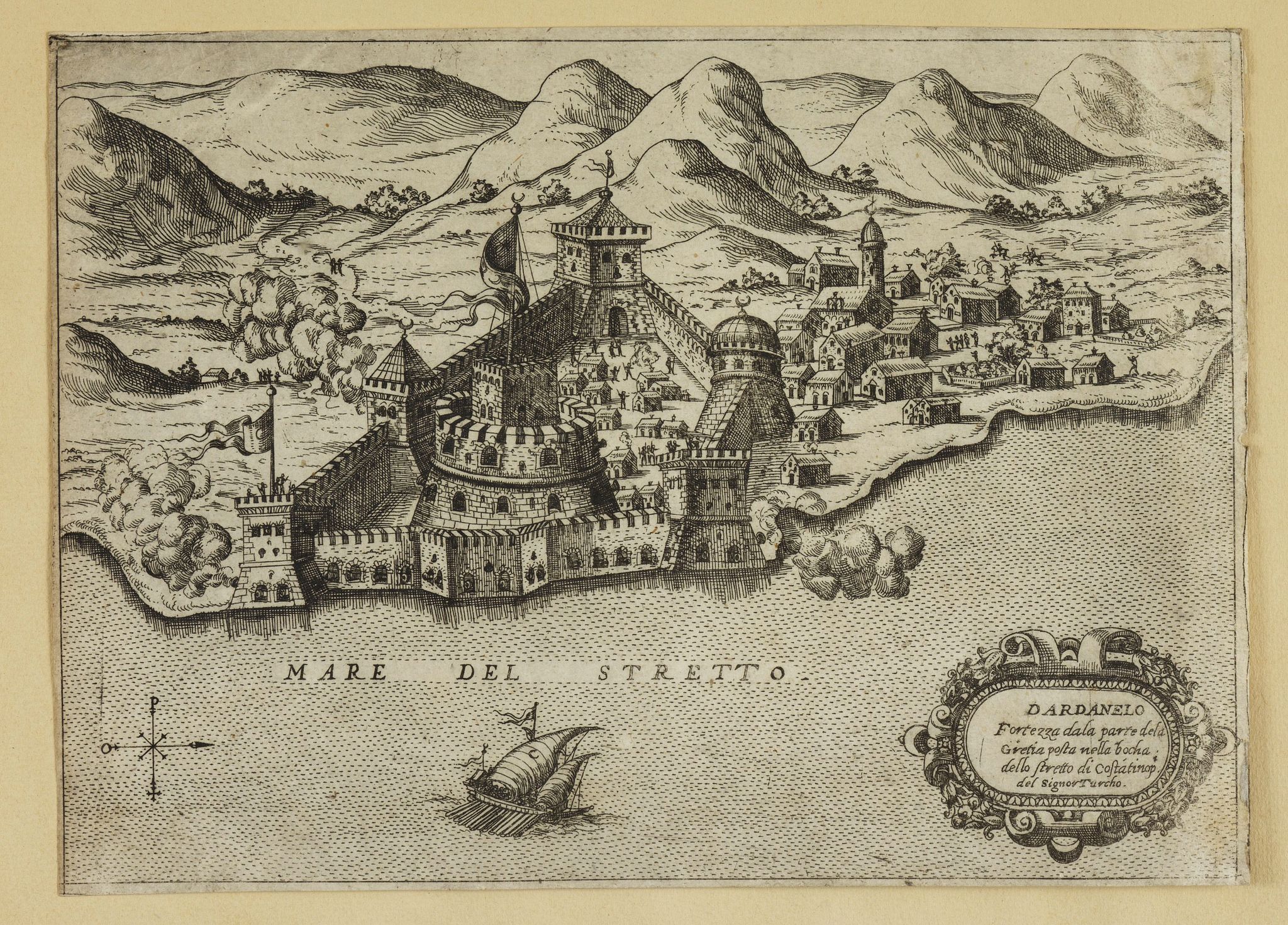 CAMOCIO, G.F., Dardanelo. Fortezza dala parte della Gretia posta nella bocha dello stretto di Costantinopoli del Signor Turcho. . ., antique map, old maps