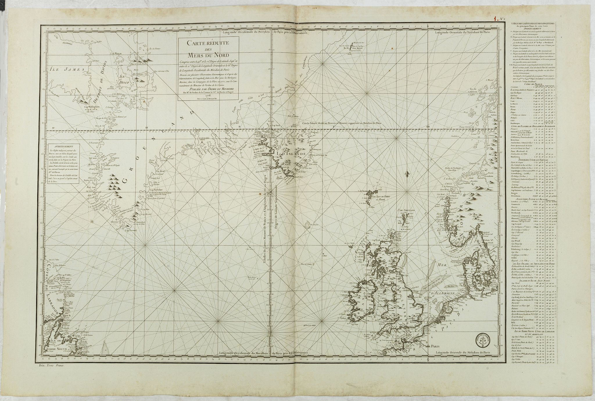 DÉPÔT GÉNÉRAL DE LA MARINE / COOK, J. / LANE, M., Carte réduite des Mers du Nord Comprise entre le 48° et le 72° Degré de Latitude Septle et entre le lle Degré de Longitude Orientale et le 61e. . ., antique map, old maps