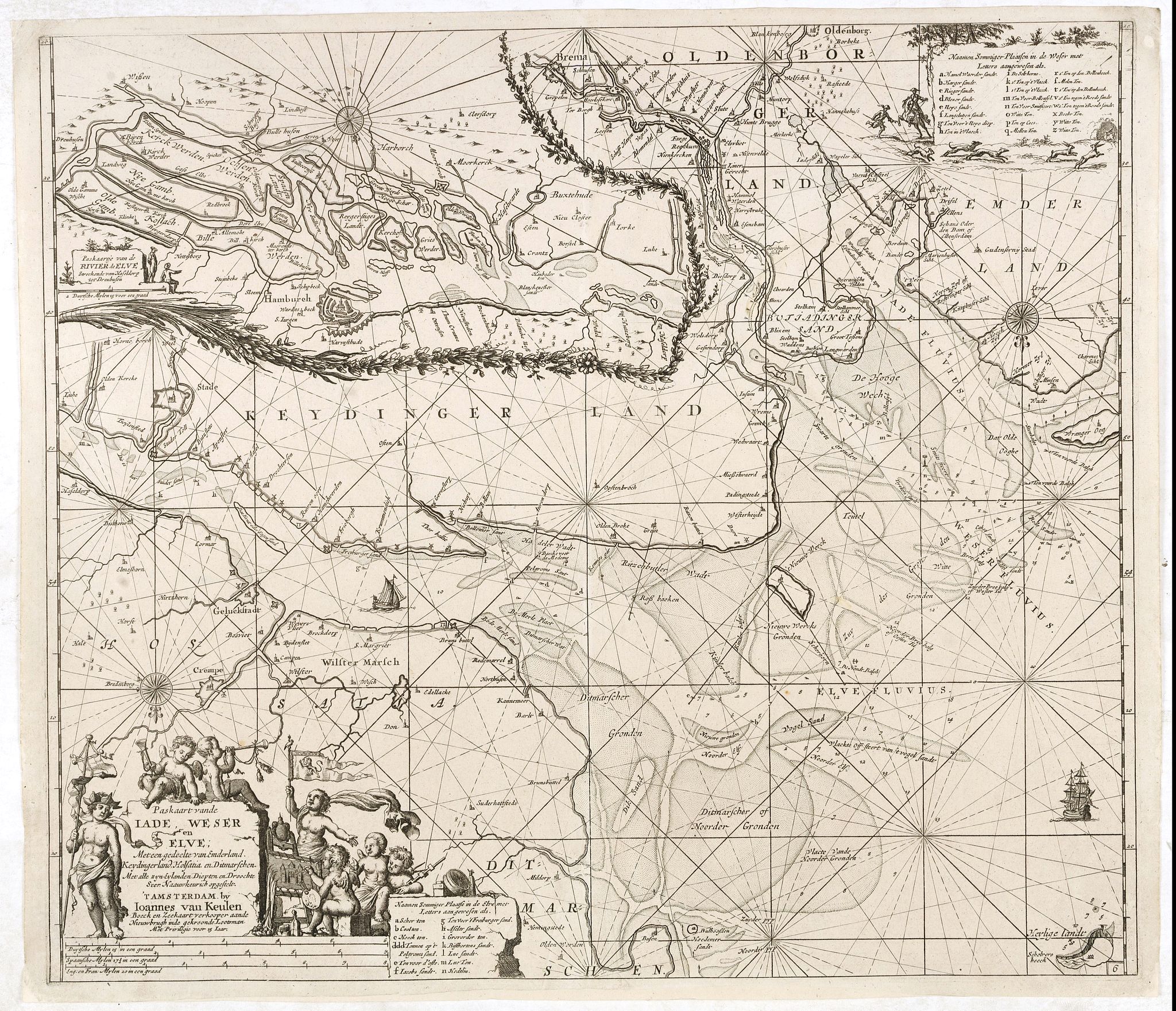 VAN KEULEN, J., Paskaart vande Jade, Weser en Elve.., antique map, old maps