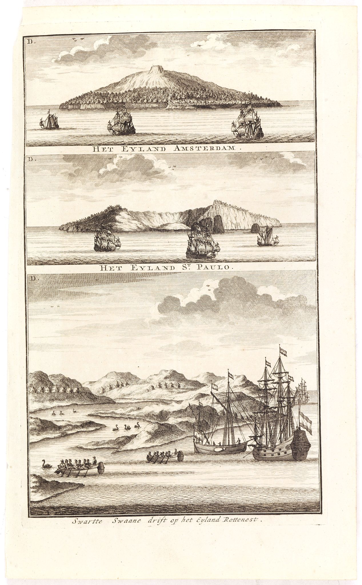 VALENTIJN, F., Het Eyland Amsterdam / Het Eyland St. Paulo / Swartte Swaane drift op het Eyland Rottenest., antique map, old maps