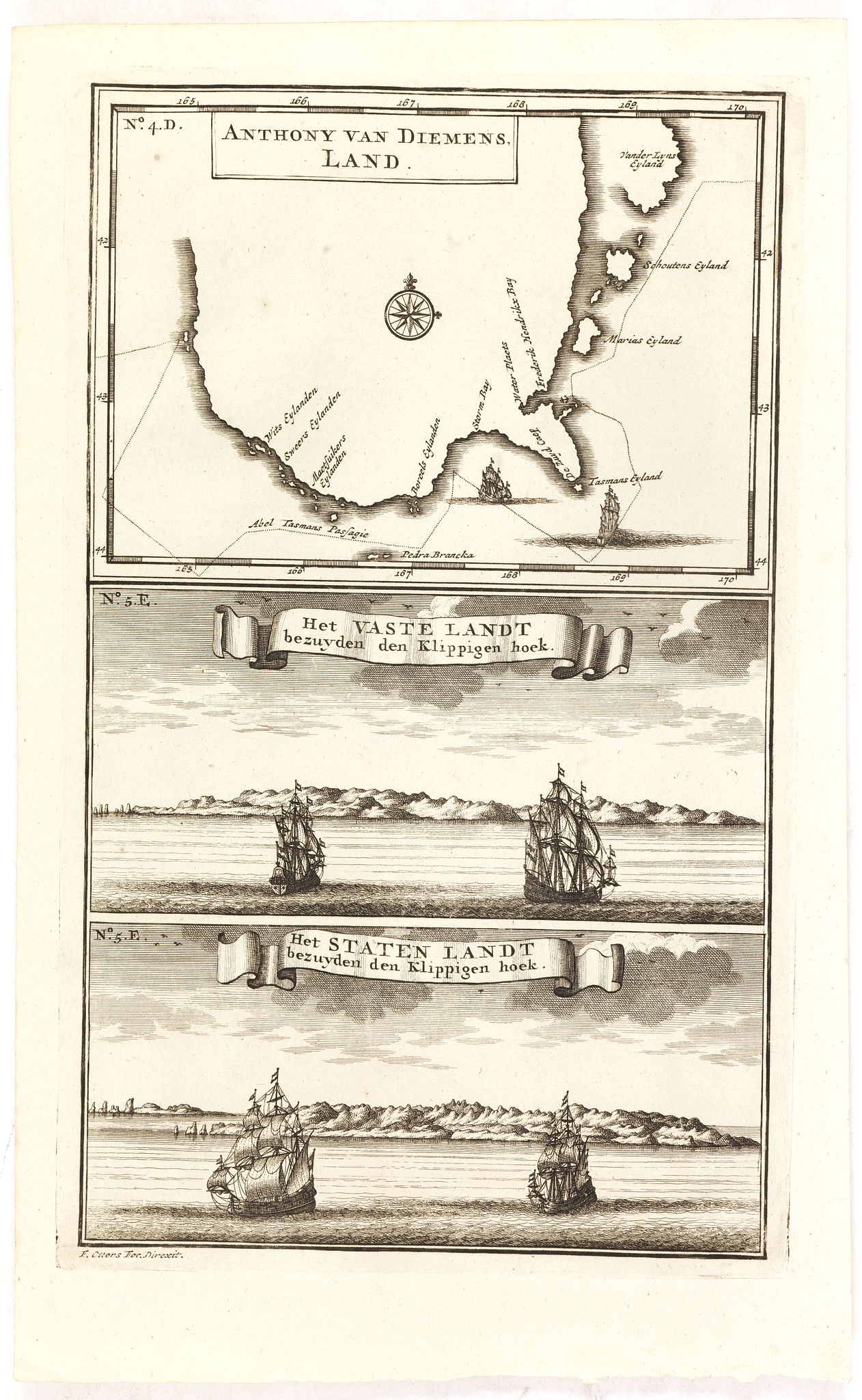 VALENTIJN, F., Anthony van Diemens Land / Het vaste Landt bezuyden den Klippigen hoek. / Het Staten Landt bezuyden den Klippigen hoek., antique map, old maps