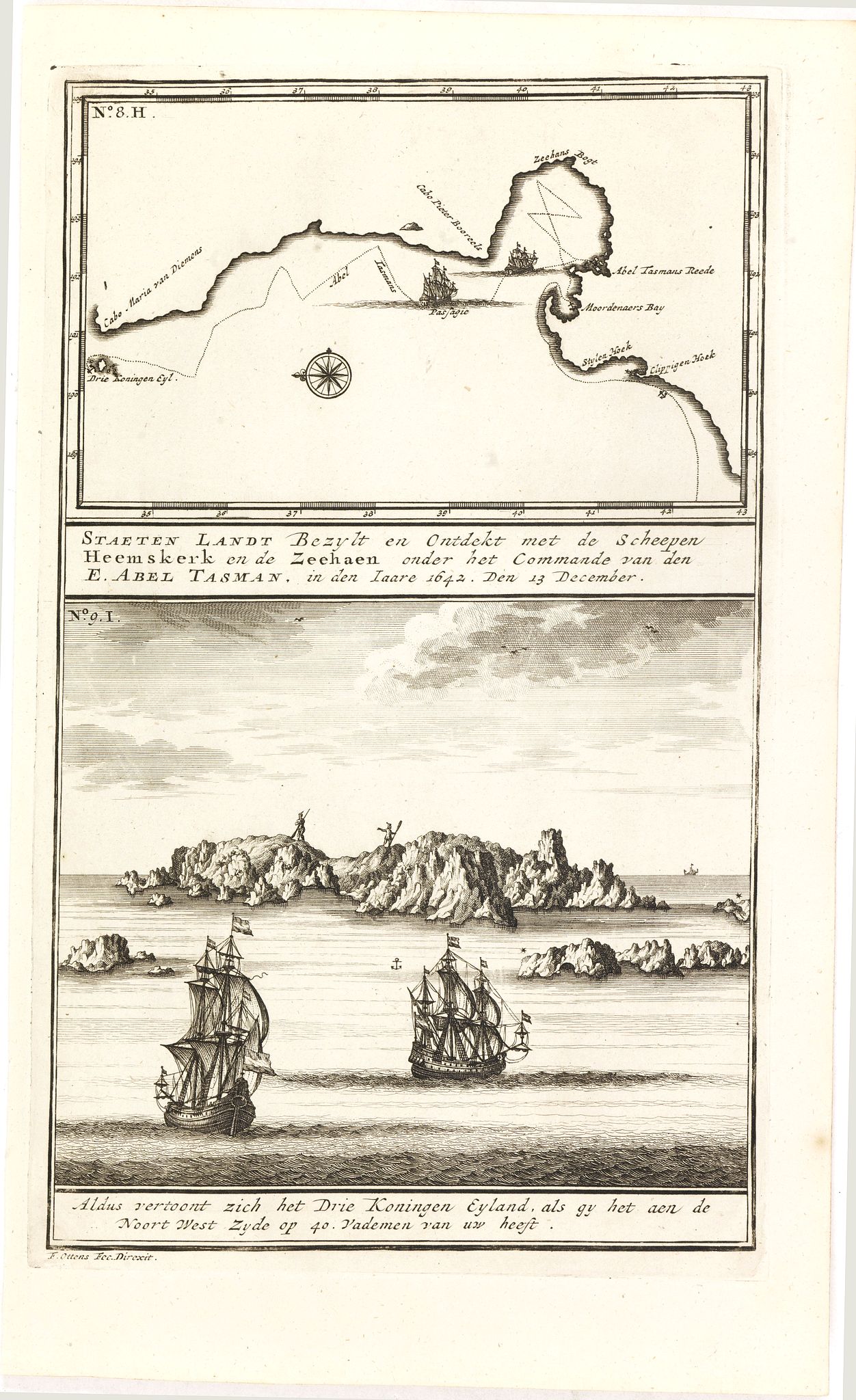 VALENTIJN, F., Staeten Landt Bezylt en Ontdekt met de Scheepen Heemskerk en de Zeehaen onder het Commande van den E. Abel Tasman. In den Iaare 1642. Den 13 December., antique map, old maps