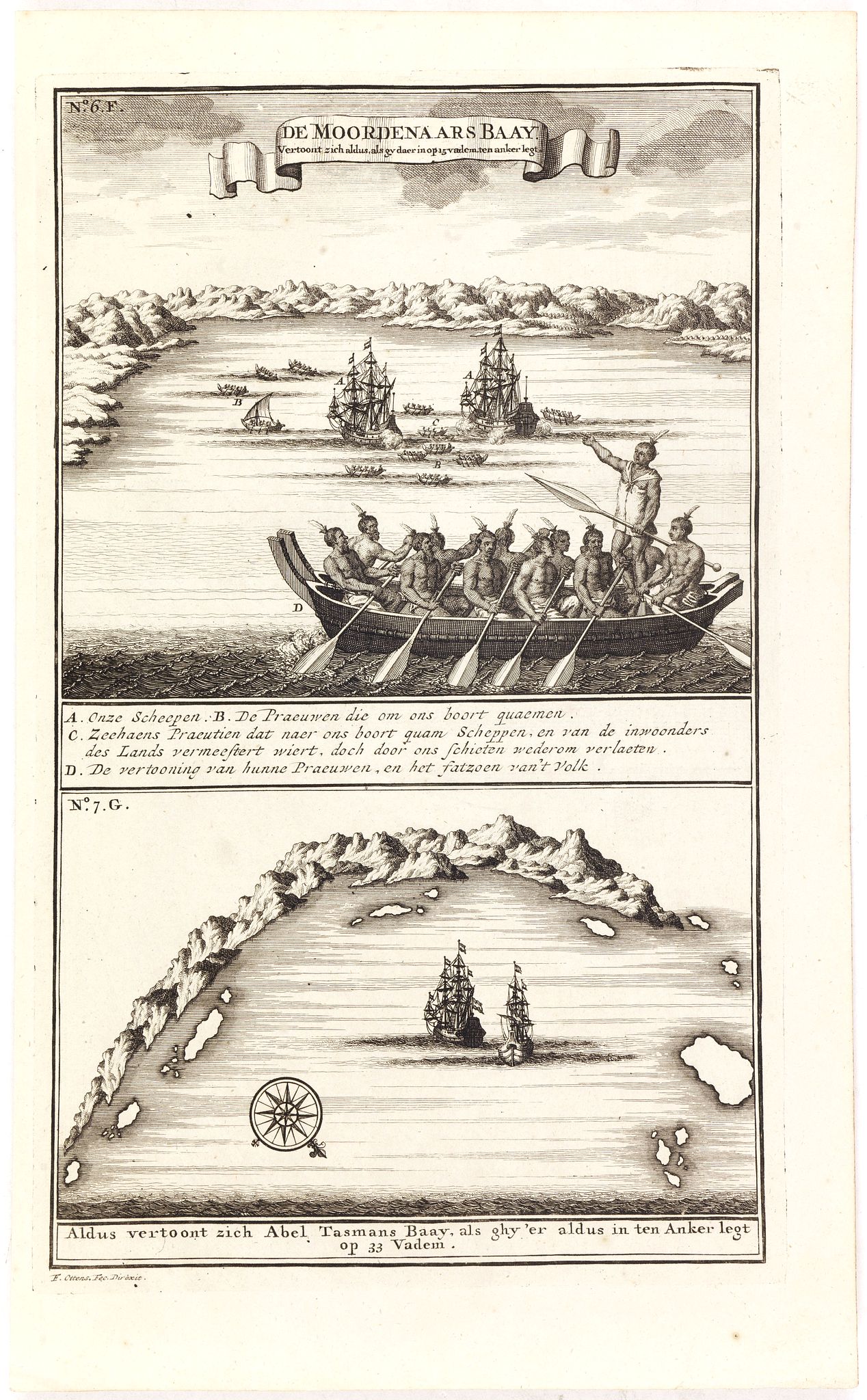 VALENTIJN, F., De Moordenaars Baay. Vertoont zich Aldus als gy daer in op 15 vadem ten anker legt. / Aldus vertoont zich Abel Tasmans Baay, als ghy 'er aldus in ten Anker legt op 33 Vadem., antique map, old maps