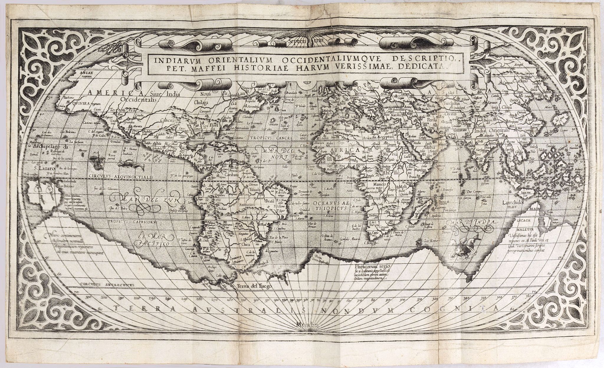 MAFFEI, G., Indiarum Orientalum Occidentaliumoue Descriptio., antique map, old maps