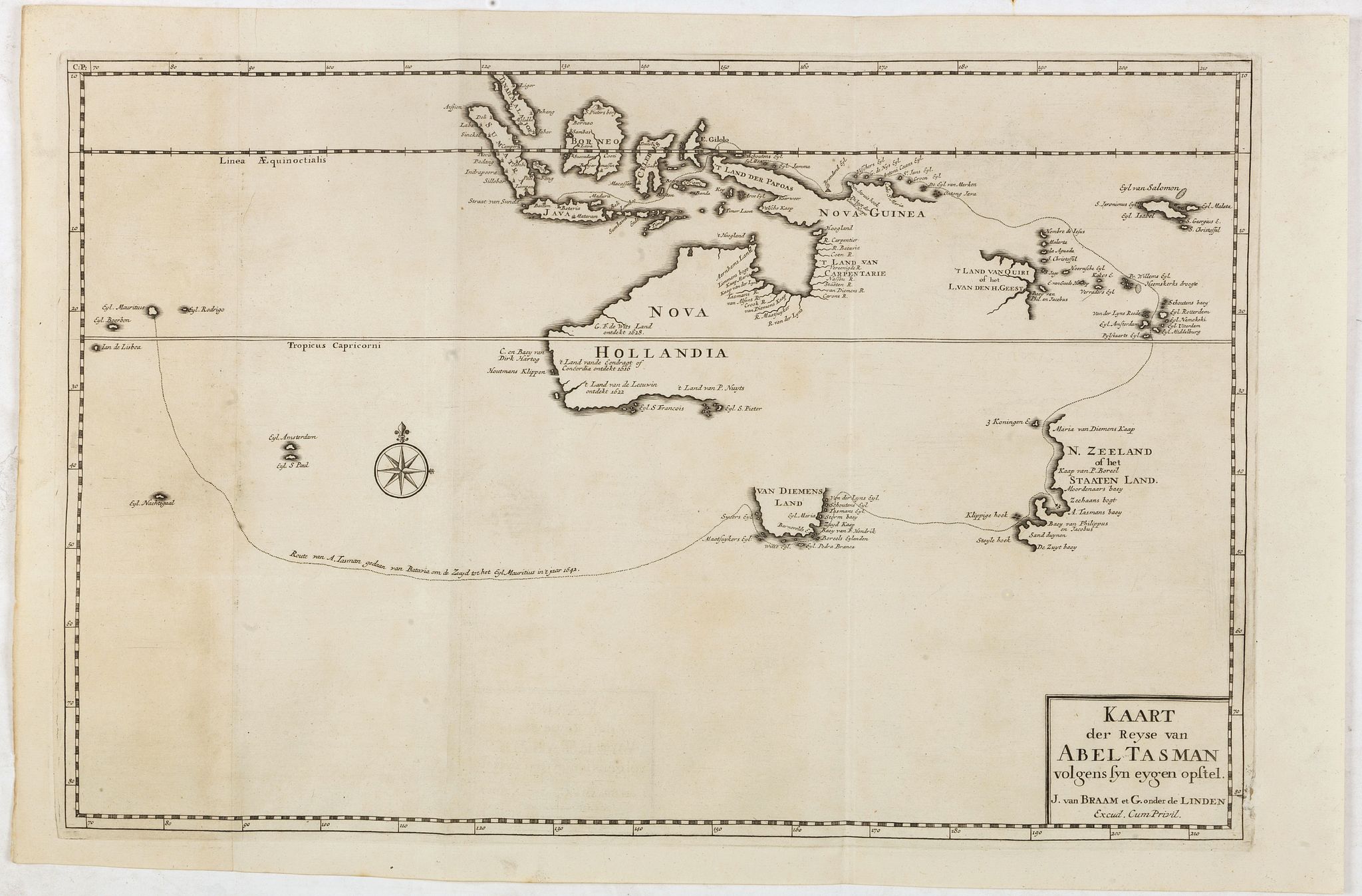 VALENTIJN, F., Kaart der Reyse van Abel Tasman volgens syn eygen opstel.., antique map, old maps
