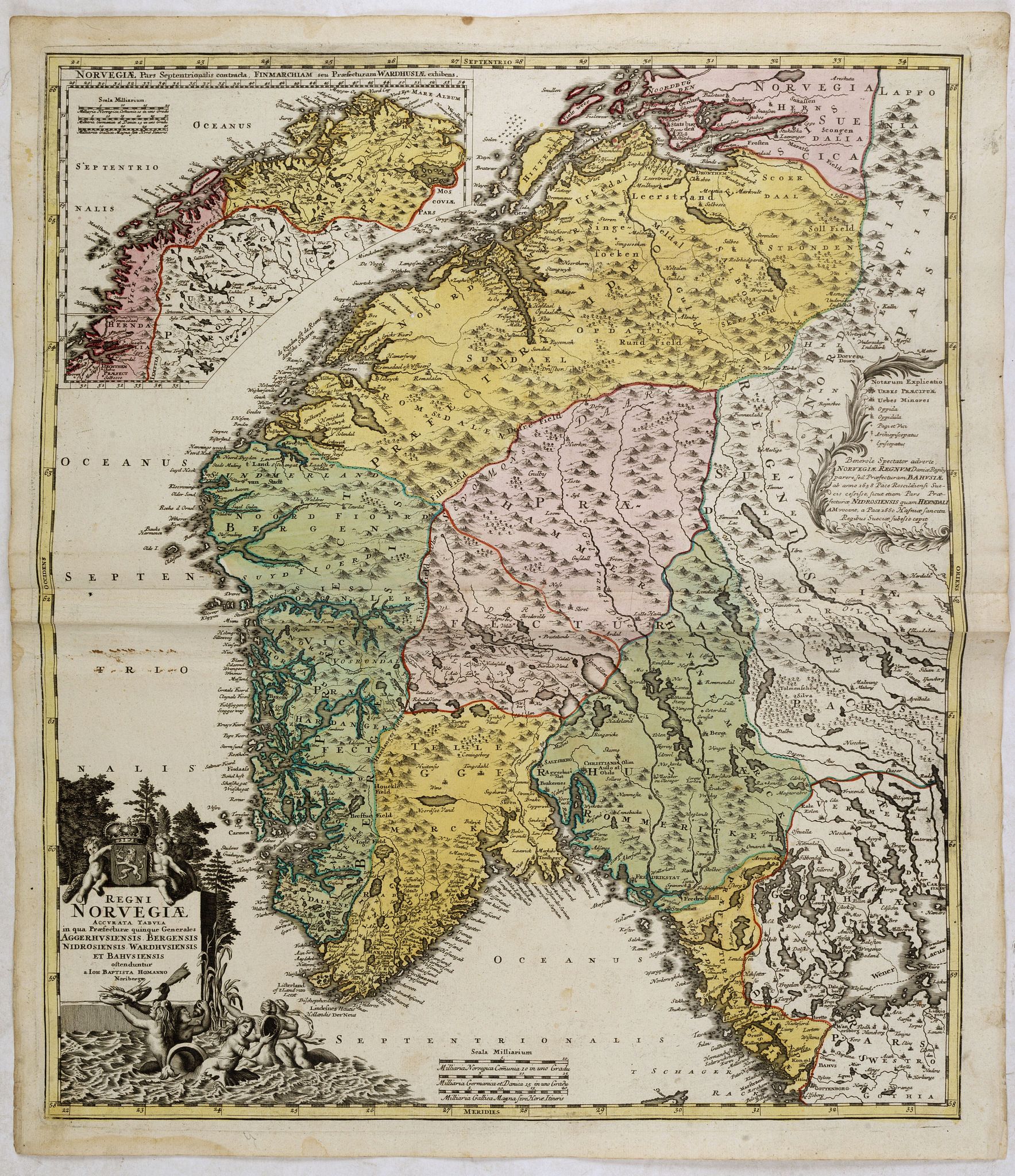 HOMANN, J.B., Norvegiae Accurata Tabula in qua Praefecturae quinque Generales. . ., antique map, old maps