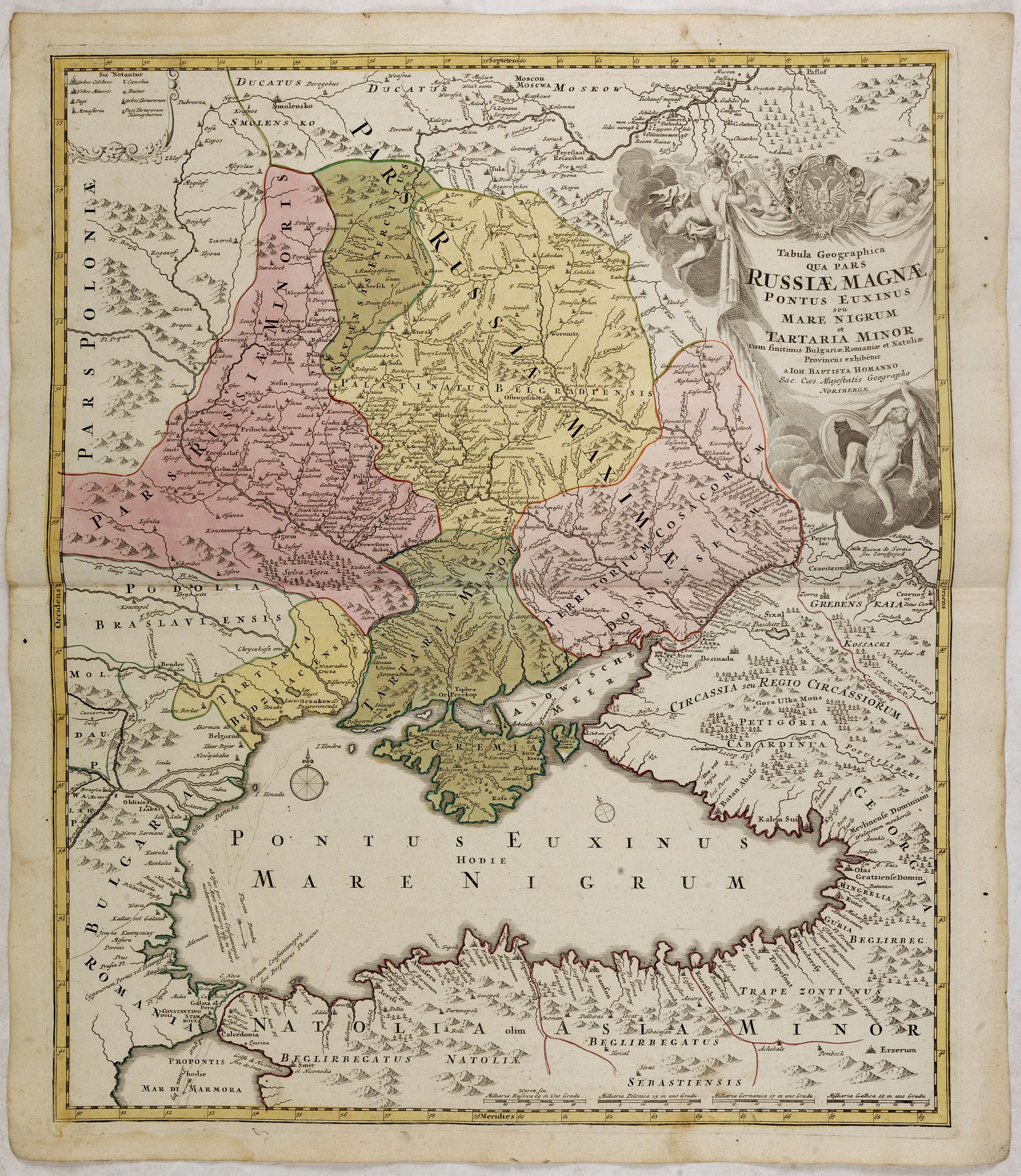 HOMANN, J.B., Tabula Geographica qua pars Russiae Magnae Pontus Euxinus seu mare Nigrum et Tartaria Minor cum finitimis Bulgariae, et Romaniae et Natoliae. . ., antique map, old maps