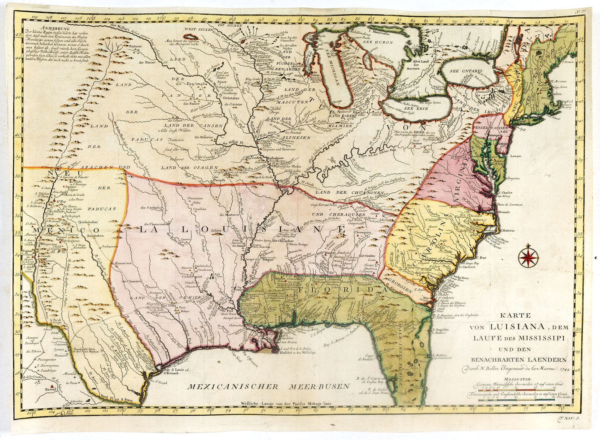 BELLIN, J.N., Karte von Luisiana, dem Laufe des Mississipi und den Benachbarten Laendern., antique map, old maps