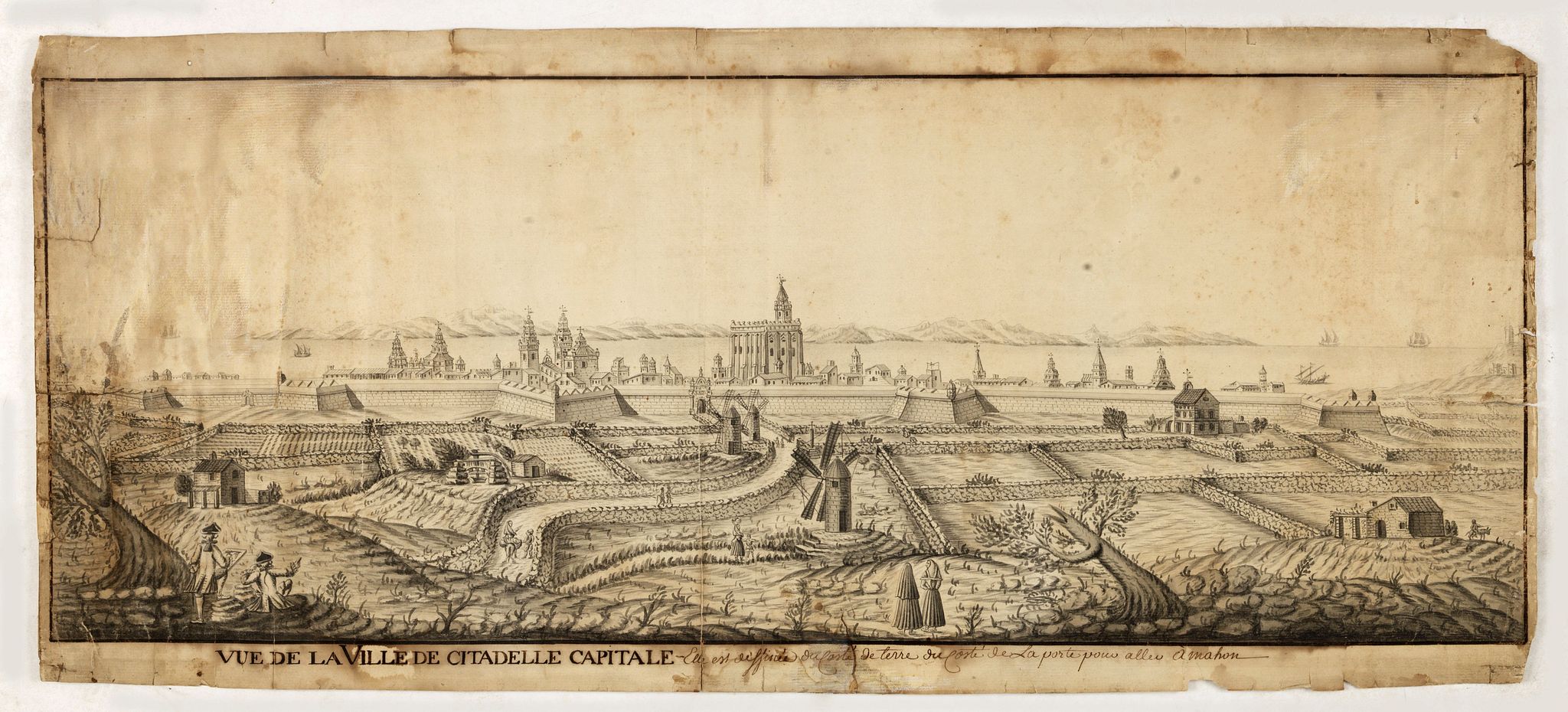 ANONYMOUS, Vue de la Ville de citadelle capitale. Elle est dessinée du costé de terre ou costé de la porte pour aller à mahon., antique map, old maps