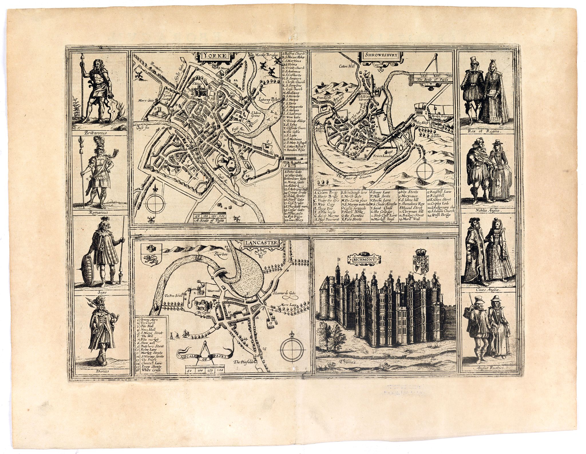 BRAUN, G./ HOGENBERG, F., Yorke/ Shrowesbury/ Lancester/ Richmont., antique map, old maps