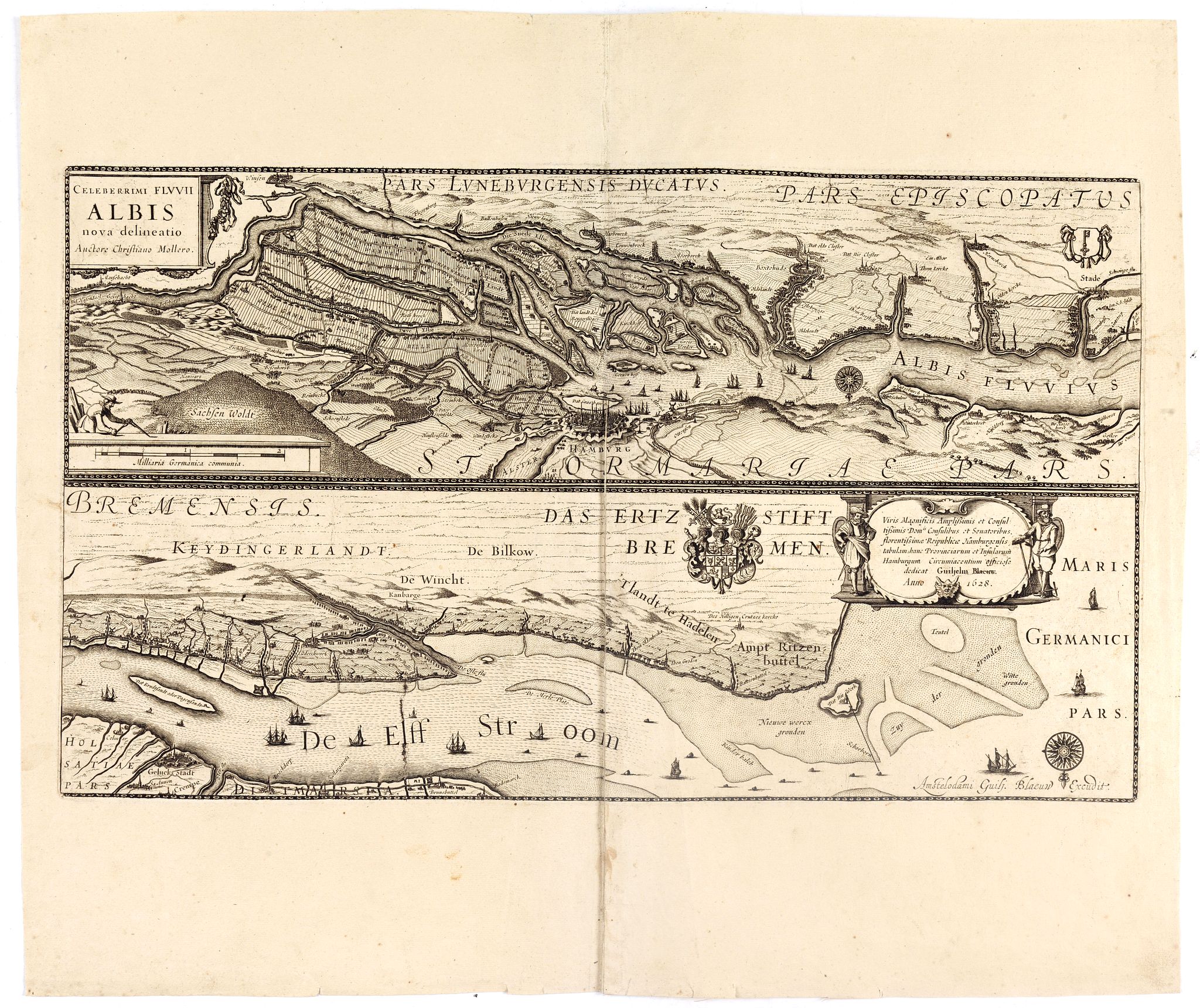 BLAEU, W., Celeberrimi Fluvis Albis nova delineatio., antique map, old maps