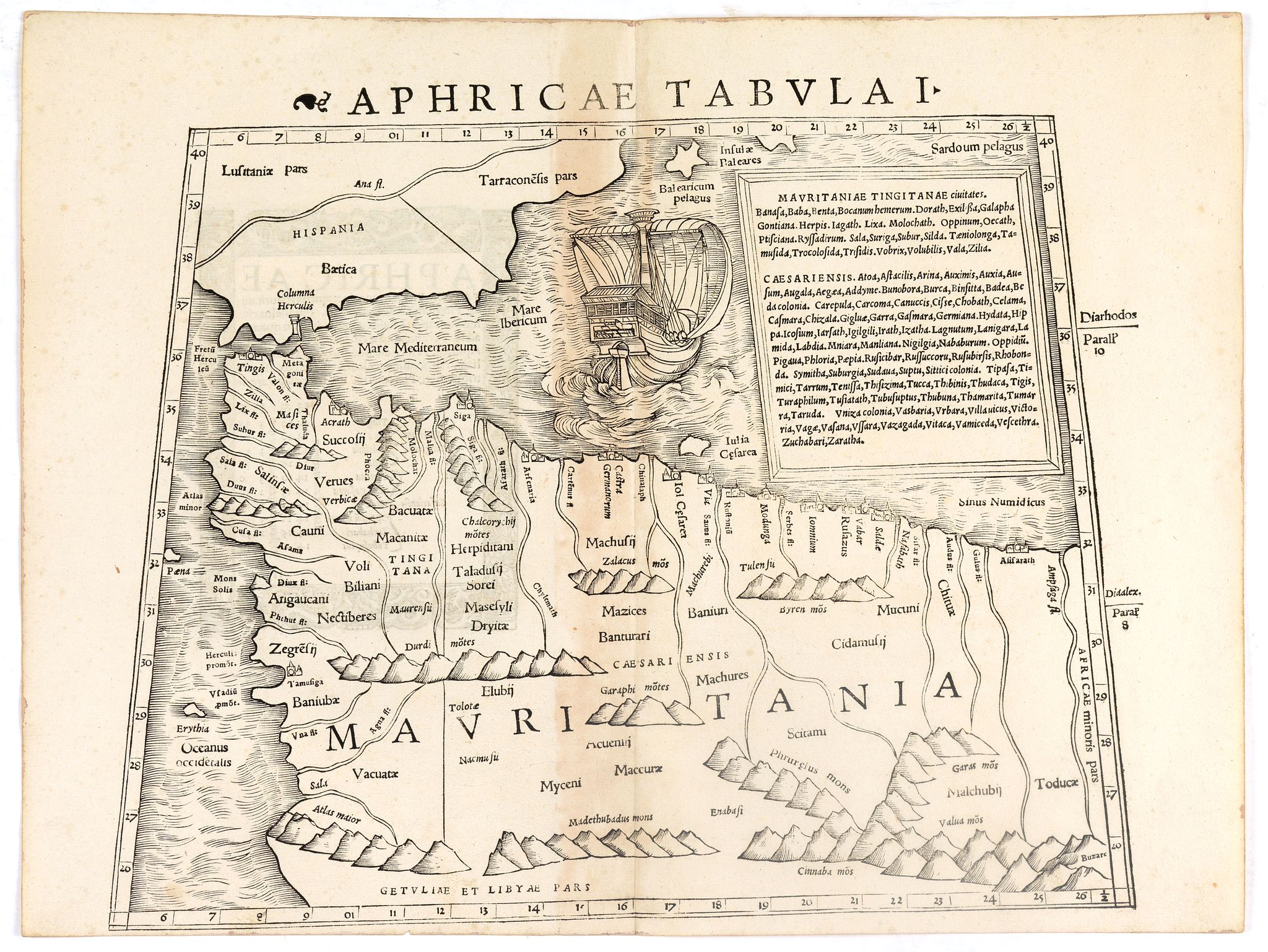MÜNSTER, S., Aphricae Tabula I (Mauritania - present-day Morocco, Algeria, and Tunisia.), antique map, old maps