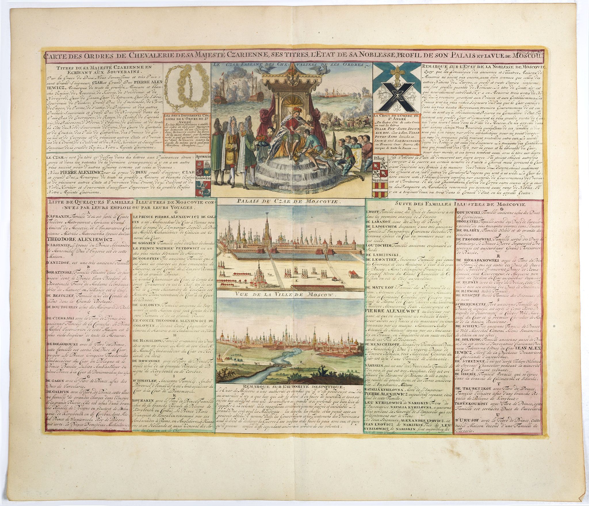 CHATELAIN, H., Carte des Ordres de Chevalerie des sa Majesté Czarienne, ses Titres, l' Etat de sa Noblesse, Profil de son Palais et la vue de Moscow., antique map, old maps