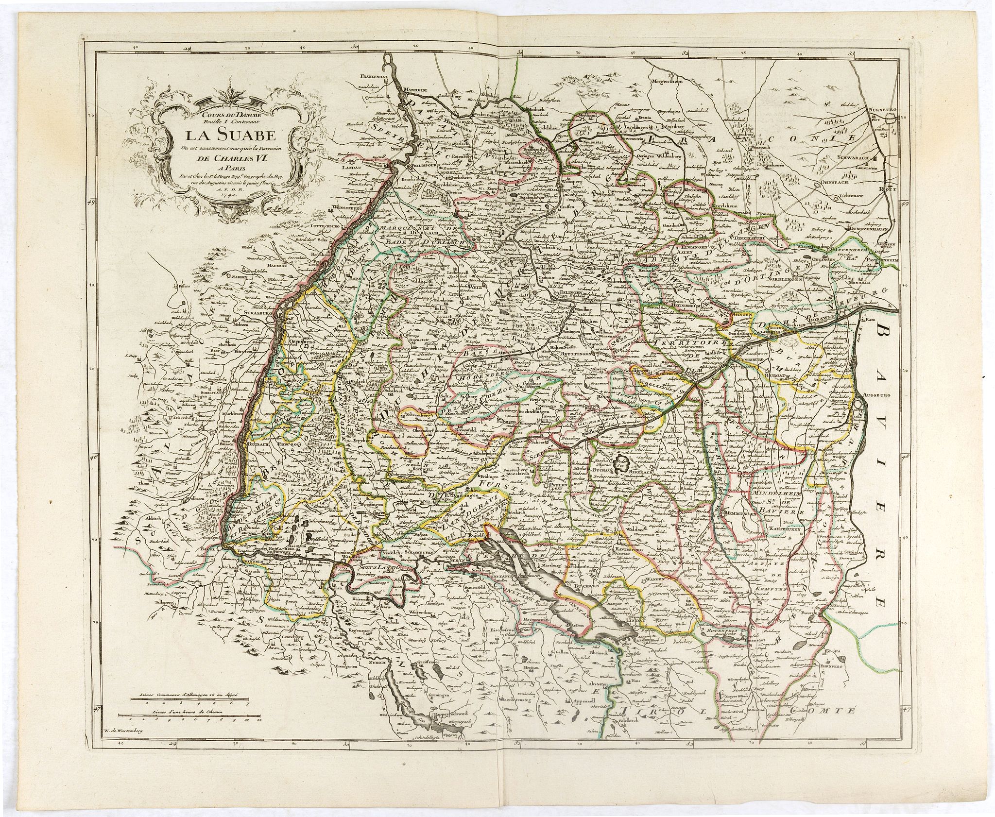LE ROUGE, G.L., Cours du Danube, Feuille 1 contenant LA SUABE . . ., antique map, old maps