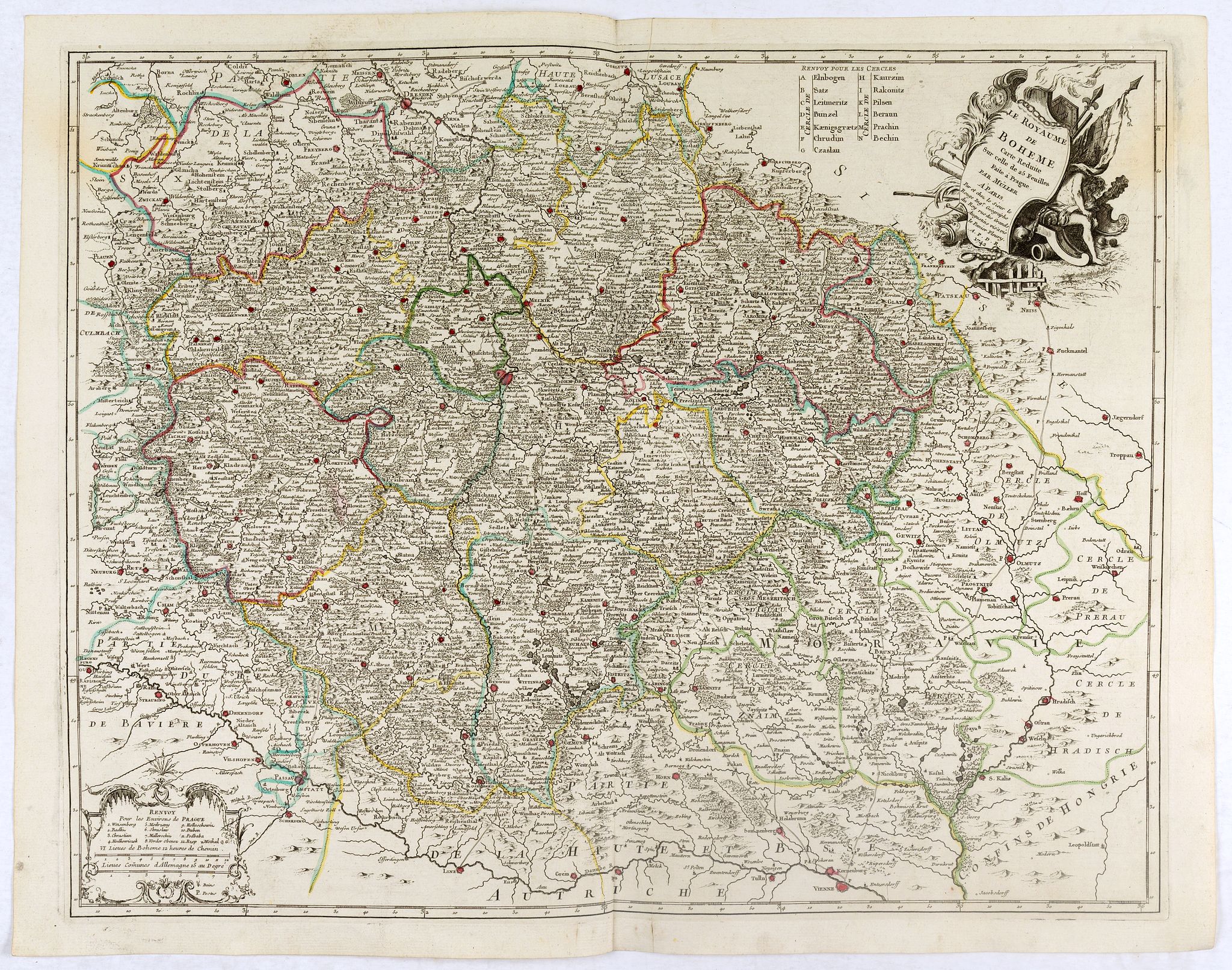 LE ROUGE / MULLER, J.C., Le Royaume de Boheme. Carte reduite sur celle de 25 feuilles faite a Prague, par Müller, a Paris. Par et chez le sieur leRouge Ingr. Géographe du Roy . . ., antique map, old maps