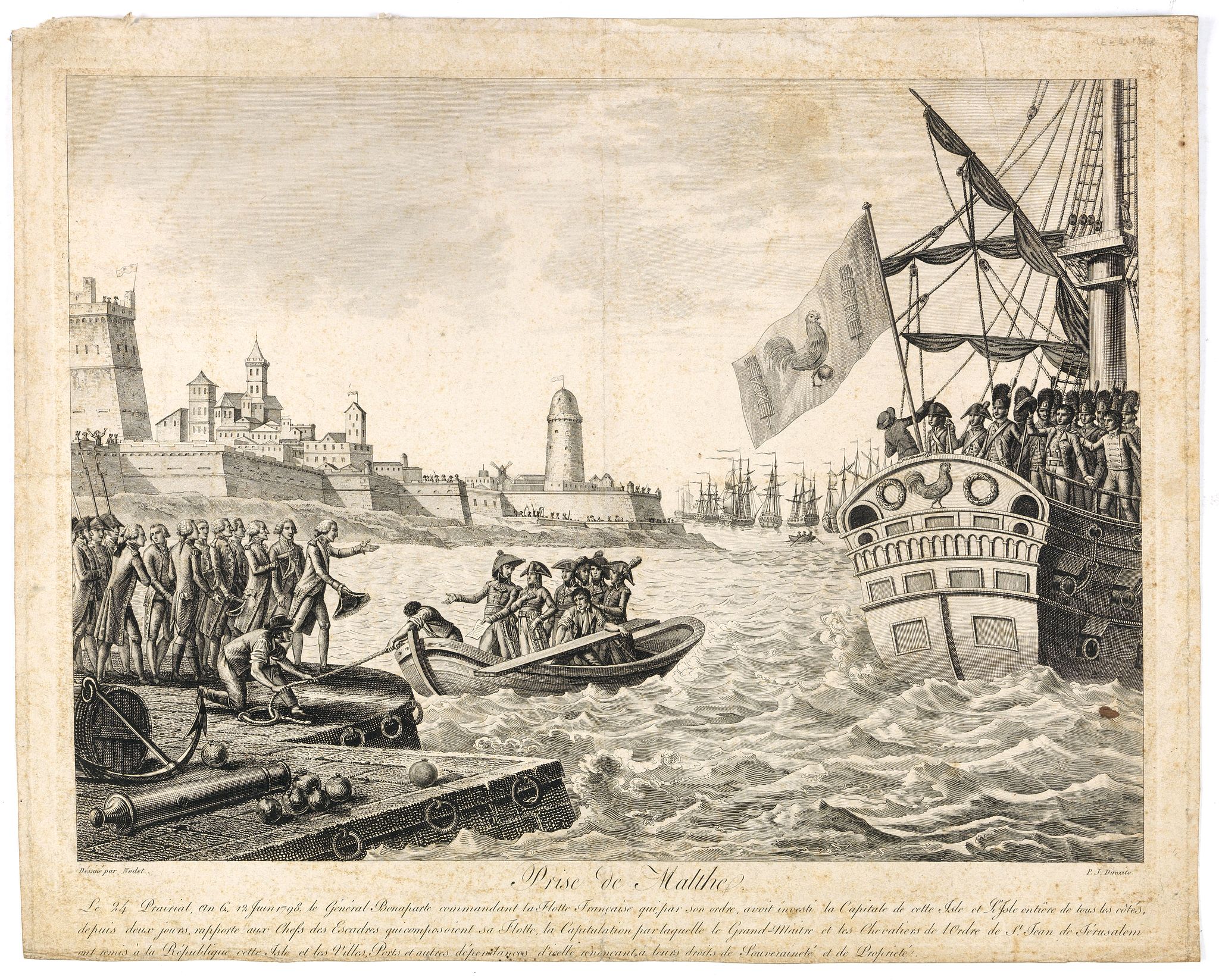 NAUDET, Thomas-Charles., Prise de Malthe : le 24 prairial, an 6, 12 juin 1798. le général Bonaparte commandant la flotte française qui, par son ordre, avoit investi la capitale de cette isle et l'isle entière de tous les côtés, …, antique map, old maps