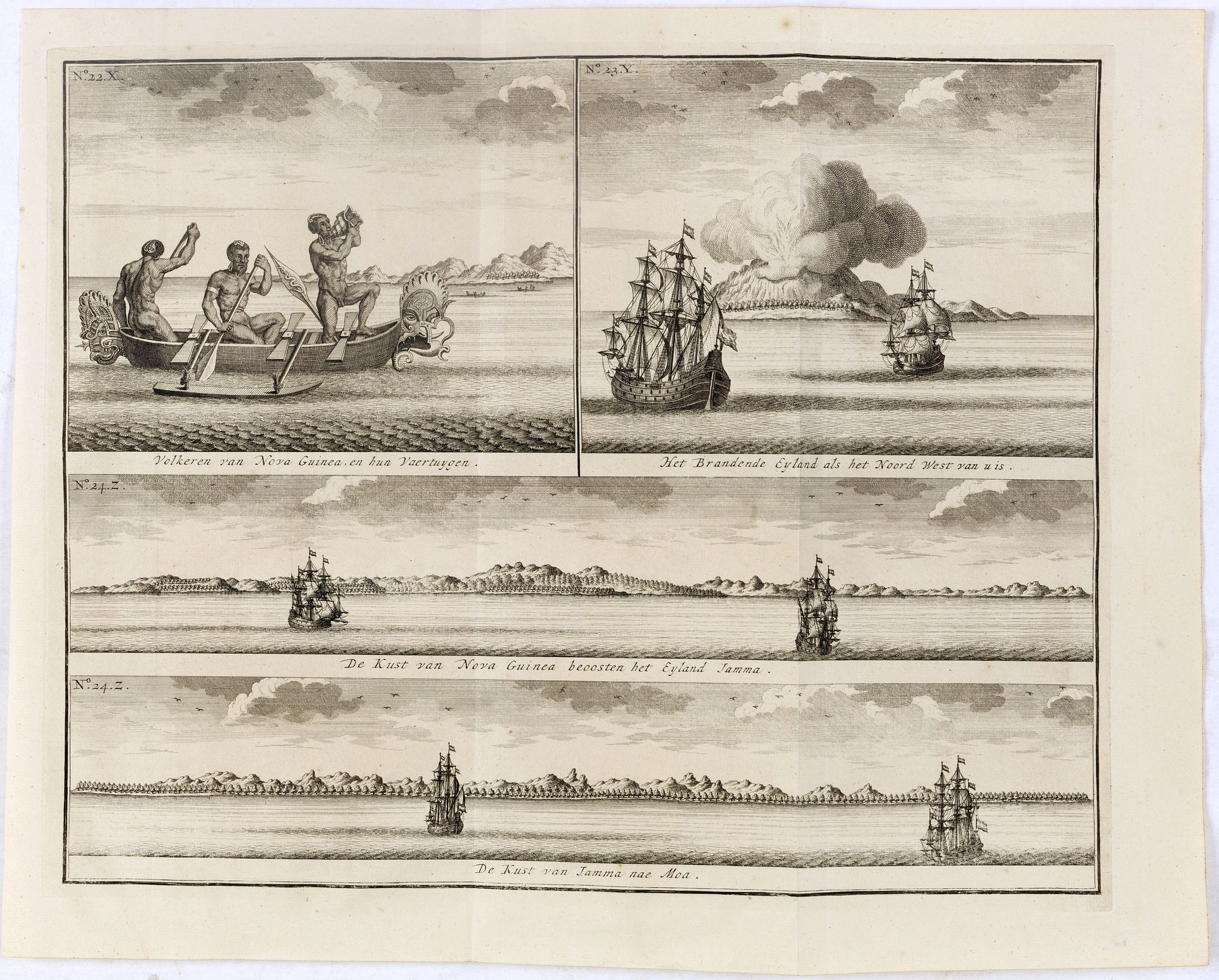 VALENTIJN, F., Volkeren van Nova Guinea , en hun Vaertuygen Het Brandende Eyland als het Noord West van u is De Kust van Nova Guinea beoosten het Eyland Jamma De Kust van Jamma nae Moa., antique map, old maps