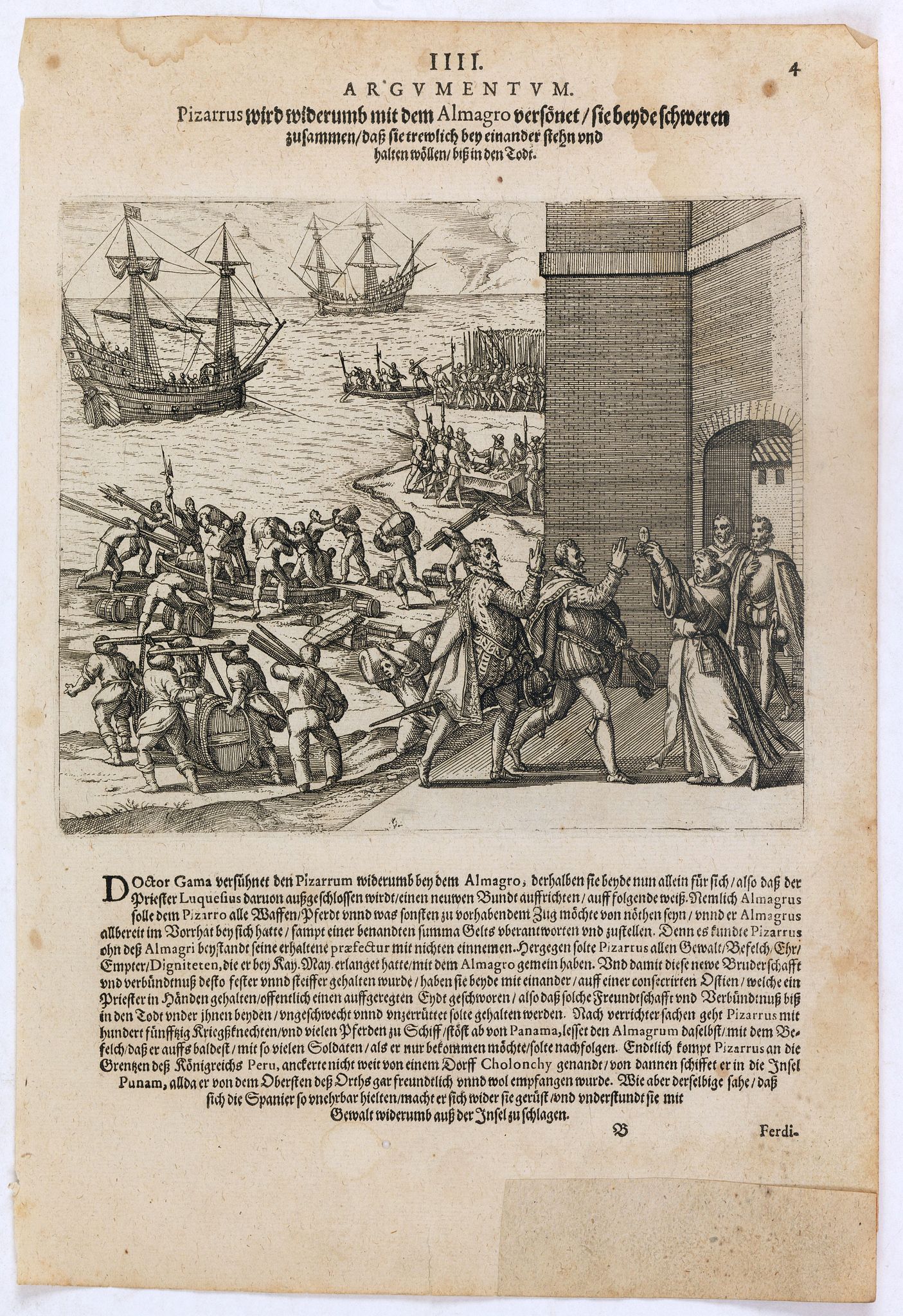 DE BRY, Th., Pizzarus wird widerumb mit dem Almagro versönet sie beyde schweren zusammen dass sie trewlich bey einander stehn und halten wöllen biss in den Todt., antique map, old maps