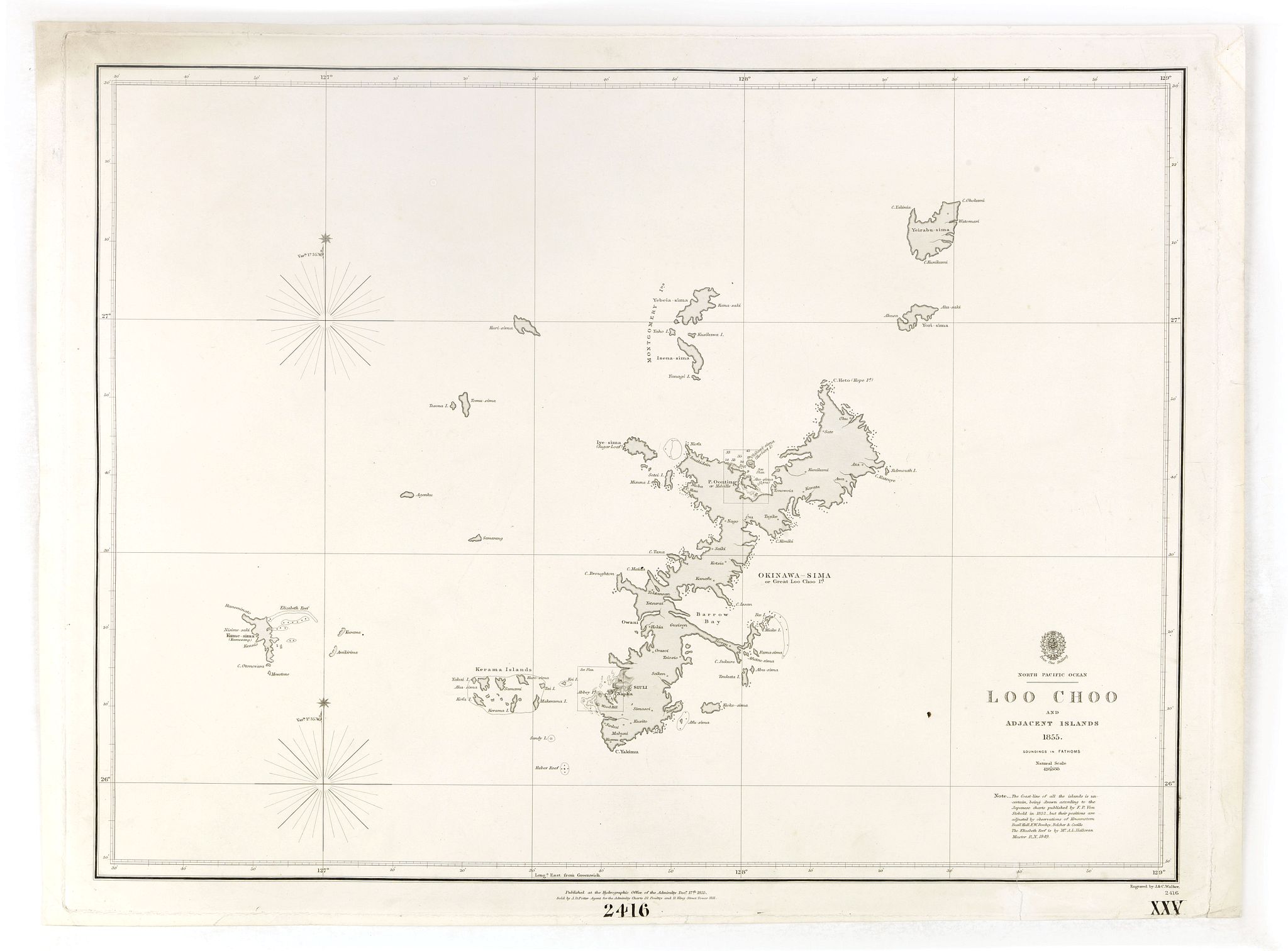 HYDROGRAPHIC OFFICE, North Pacific Ocean LOO CHOO and adjacent Islands 1855., antique map, old maps