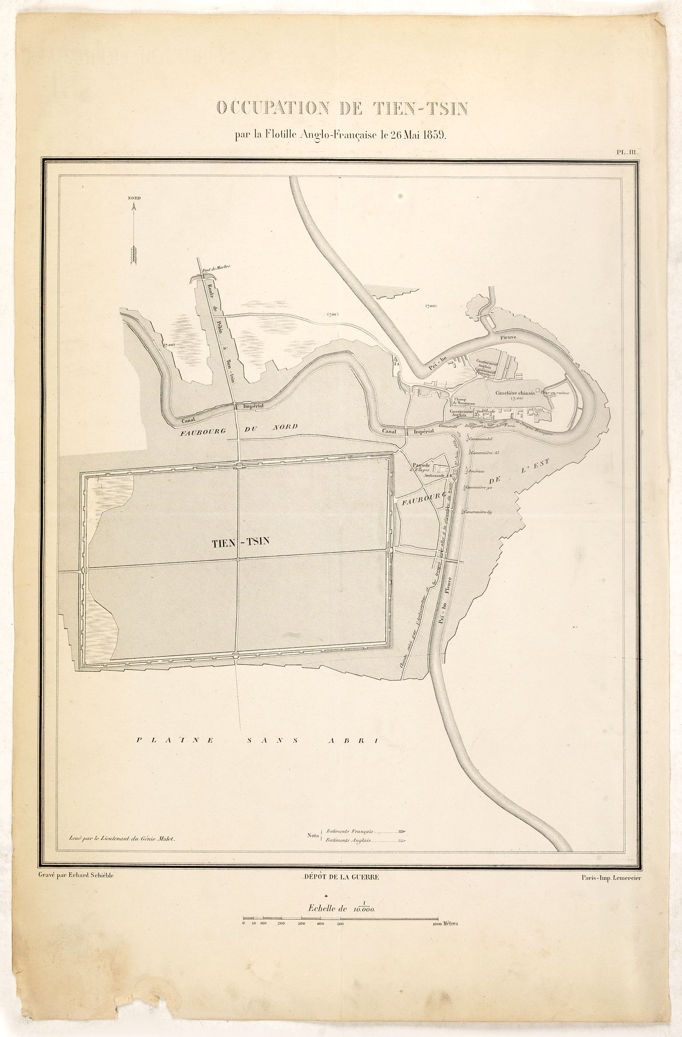 DEPOT GENERAL DE LA GUERRE / PELET, Occupation de Tien-Tsin par la Flottille Anglo-Française le 26 Mai 1859., antique map, old maps