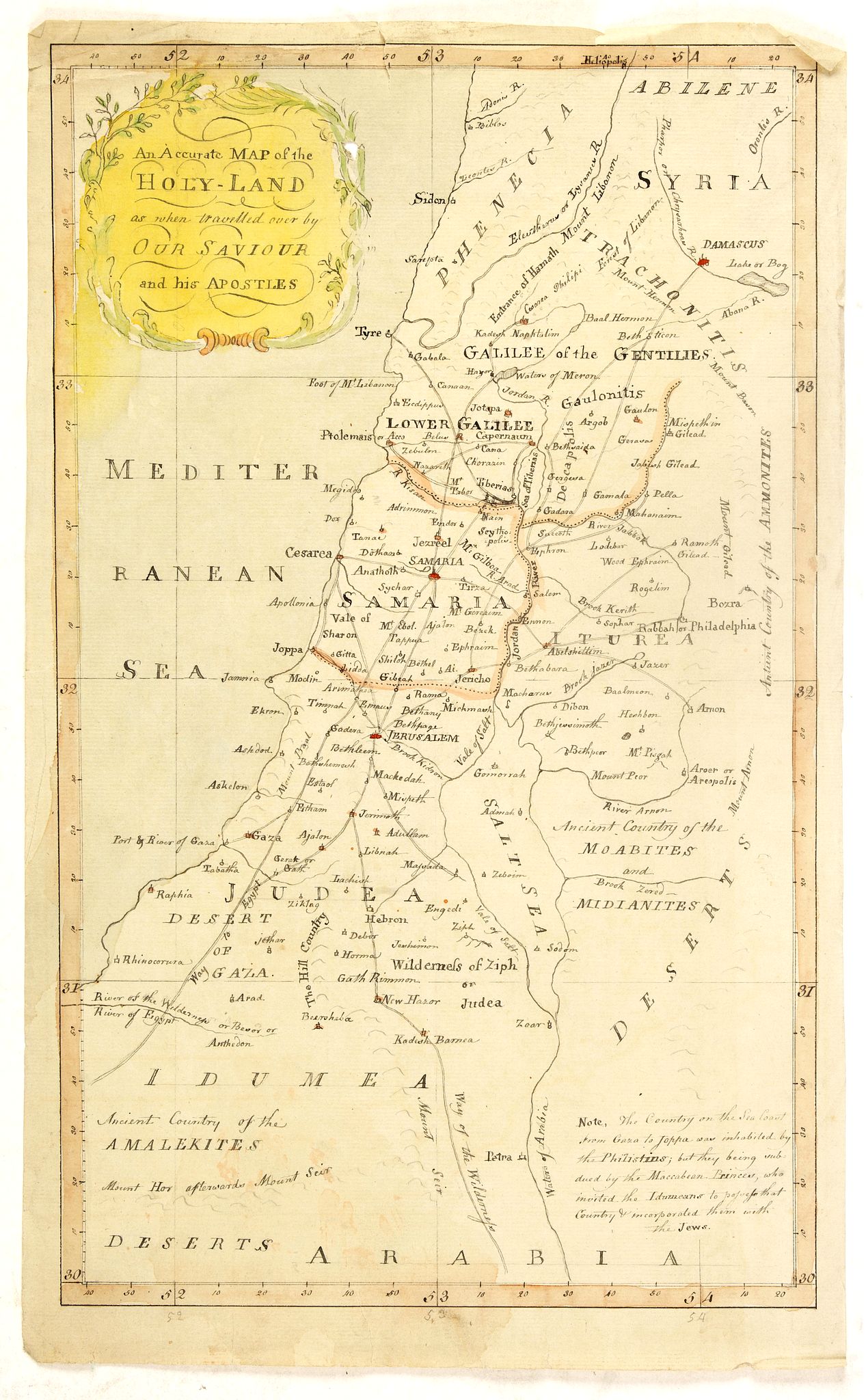 ANONYMOUS, An accurate map of the Holy-Land as when traveling over by our saviour and his apostles., antique map, old maps