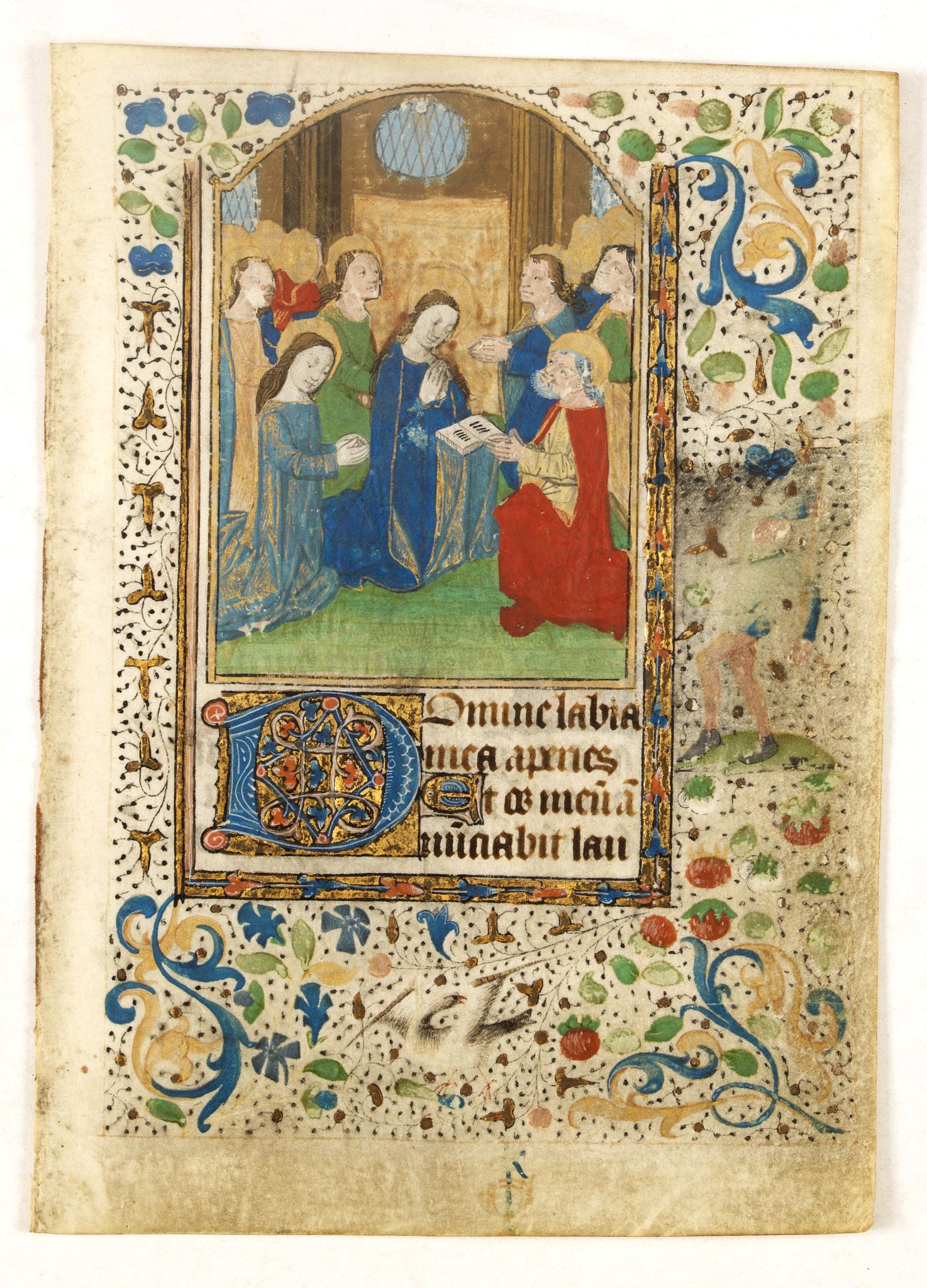 BOOK OF HOURS., Miniature of Annunciation on vellum from a French manuscript Book of Hours., antique map, old maps