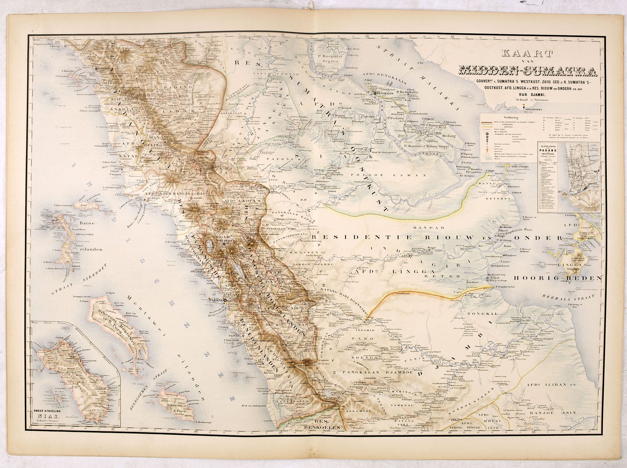 STEMFOORT, J.W. / SIETHOFF, J.J., Kaart van Midden-Sumatra : Gouver.nt v. Sumatra's Westkust, Zuid ged. d. R. Sumatra's-Oostkust, Afd. Lingga v.d. Res. Riouw en Onderh. en het Rijk Djambi., antique map, old maps