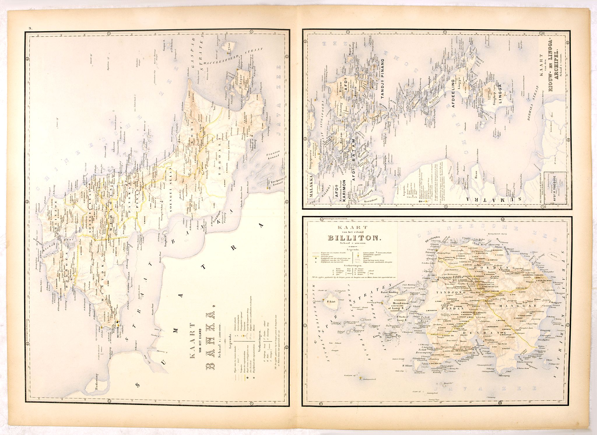 STEMFOORT, J.W. / SIETHOFF, J.J., Kaart van Eiland Banka / Kaart van den Riouw en Lingga Archipels / Kaart van het Eiland Billiton., antique map, old maps