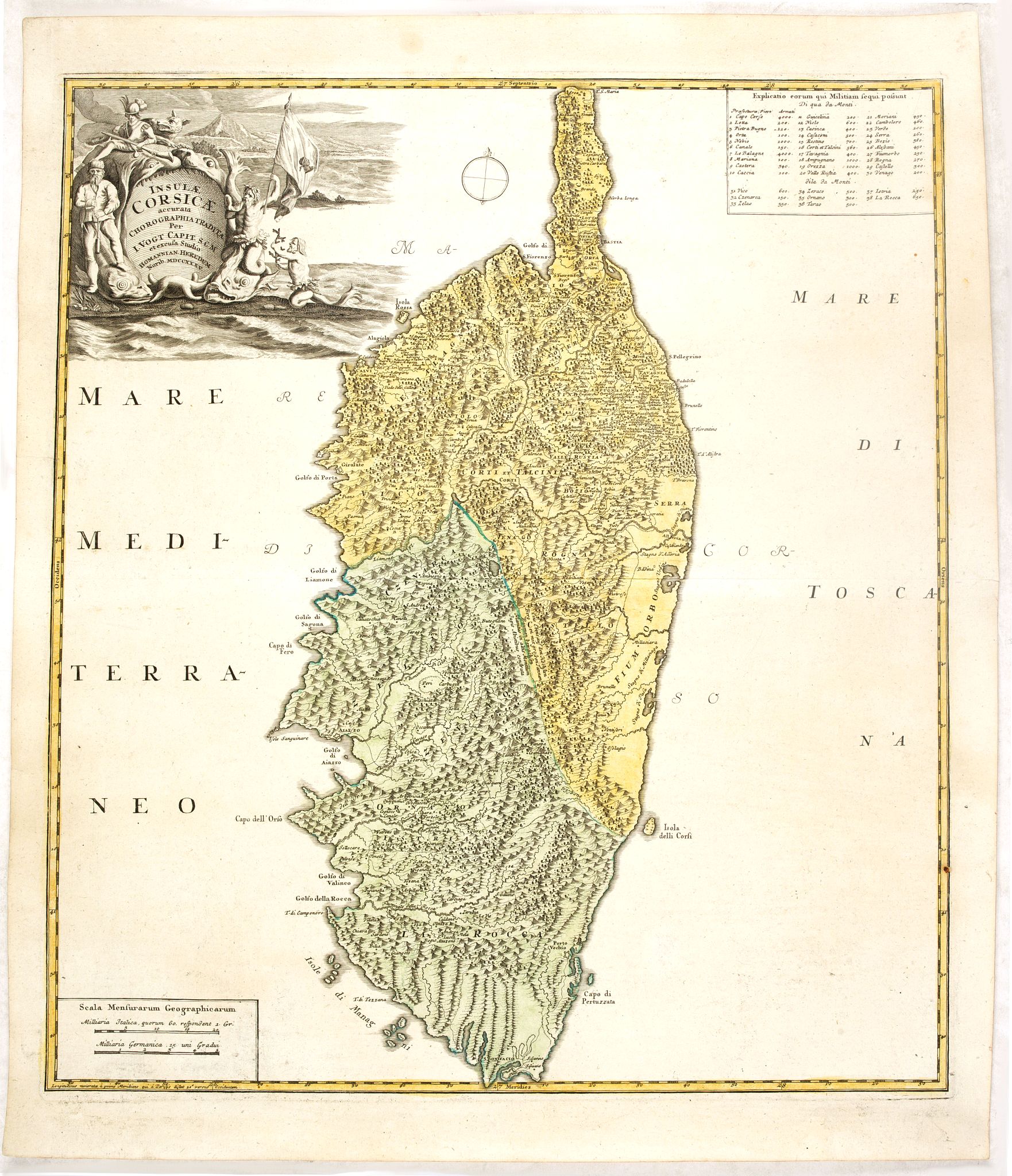 HOMANN, HEIRS / VOGT, J., Insulae Corsicae Accurata Chorographia Tradita Per I. Vogt Capit. S. C. M. et excusa Studio Homannian. Heredum / Norib. MDCCXXXV, antique map, old maps