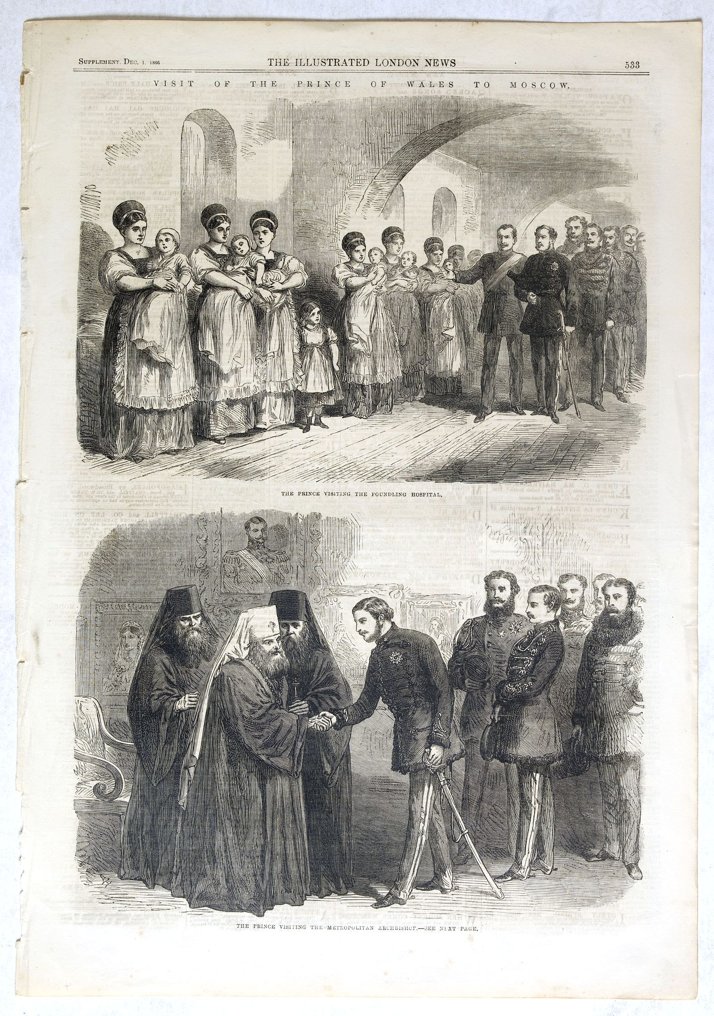 ILLUSTRATED LONDON NEWS., The Prince visiting the foundling hospital. / The Prince visiting the Metropolitan Archbishop., antique map, old maps