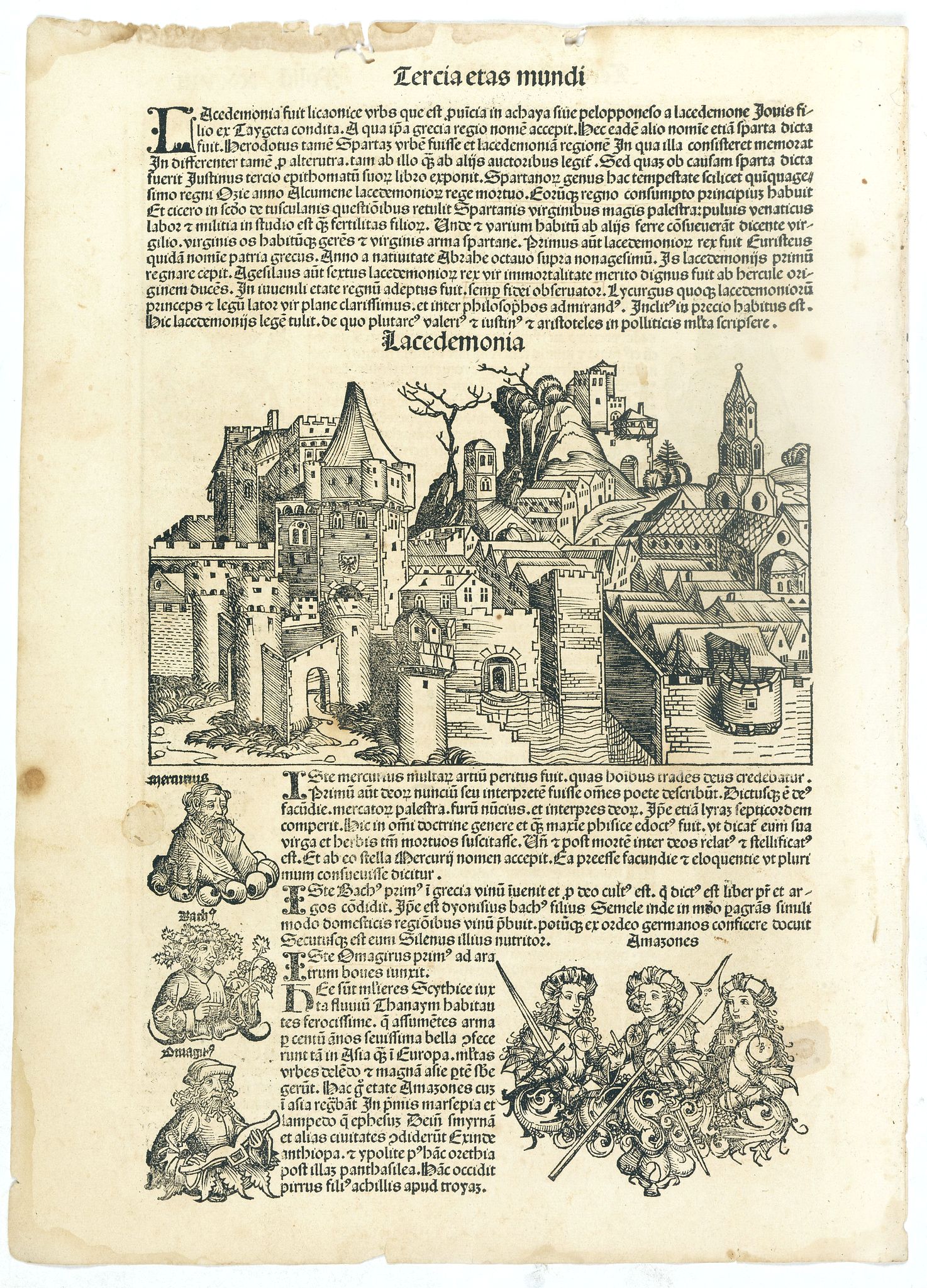 SCHEDEL, H., Tercia Etas Mundi. Foliu. XXVIII ( With view of the city of Lacedaemon - or Sparta)., antique map, old maps
