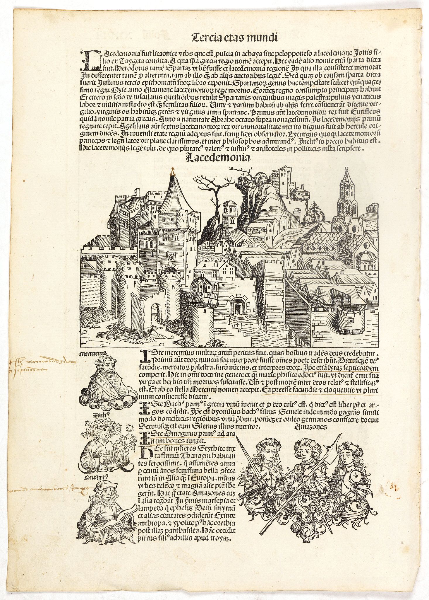 SCHEDEL, H., Tercia Etas Mundi. Foliu. XXVIII (with a view of the city of Lacedaemon or Sparta), antique map, old maps
