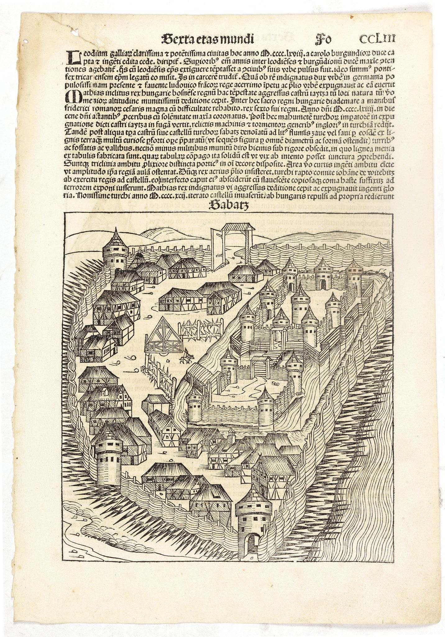 SCHEDEL, H., Sexta Etas Mudi. (With view of Sabatz.) Folio CCLIII, antique map, old maps