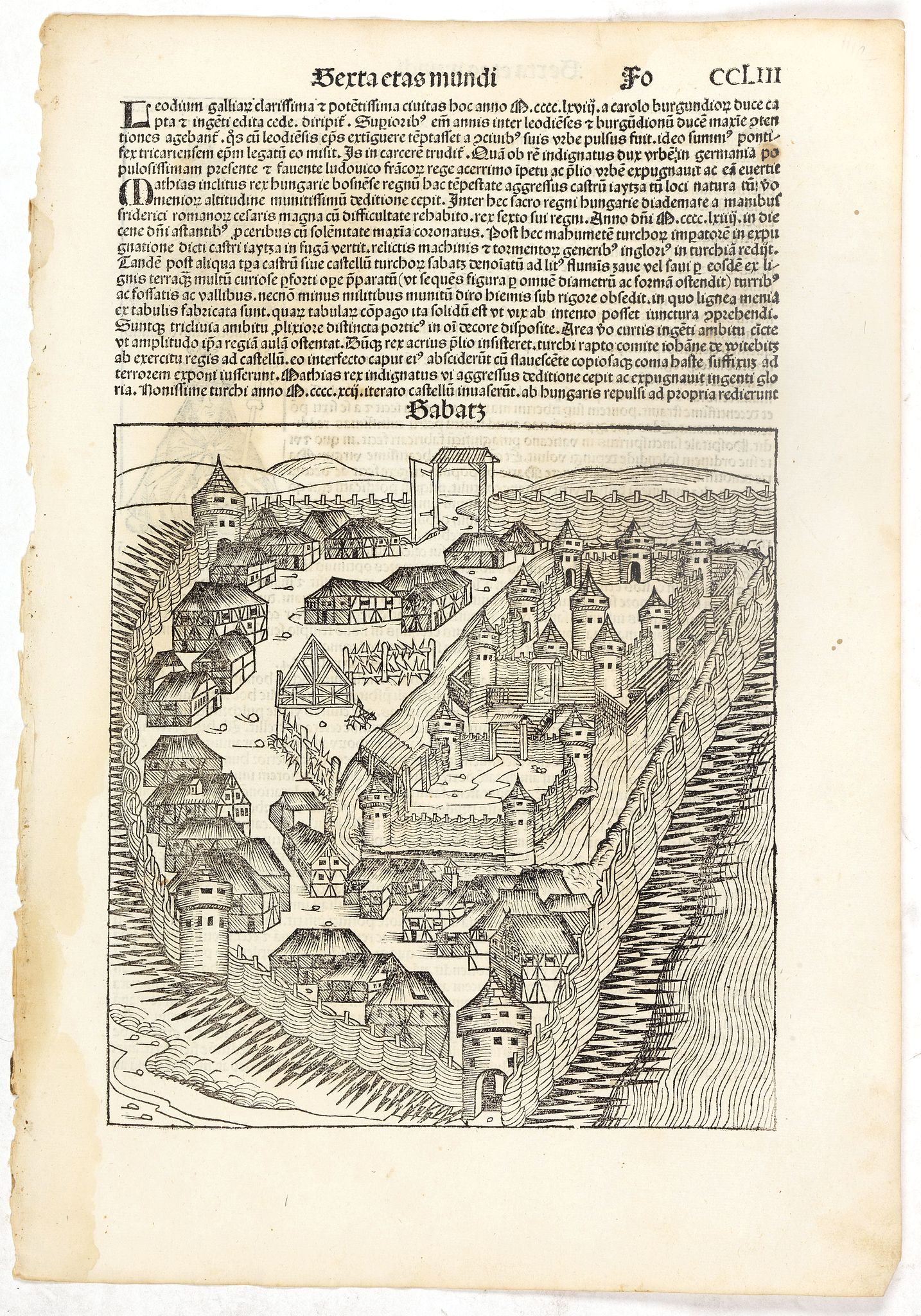 SCHEDEL, H., Sexta Etas Mudi. Sabatz. Folio CCLIII (with view of Sabatz, Turkey), antique map, old maps