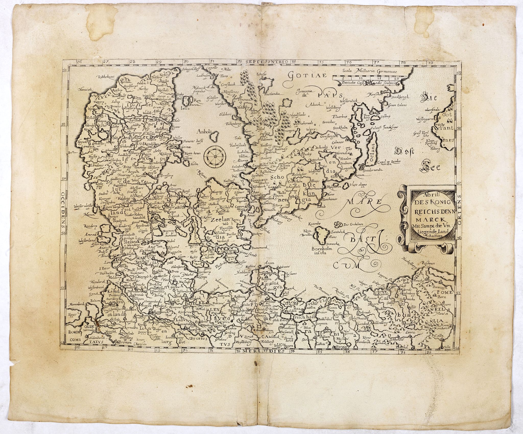 CUSTODIS, D., Abriss des Konig Reichs Denn Marck Mit sampt die Um : Liegende Land Schafften., antique map, old maps