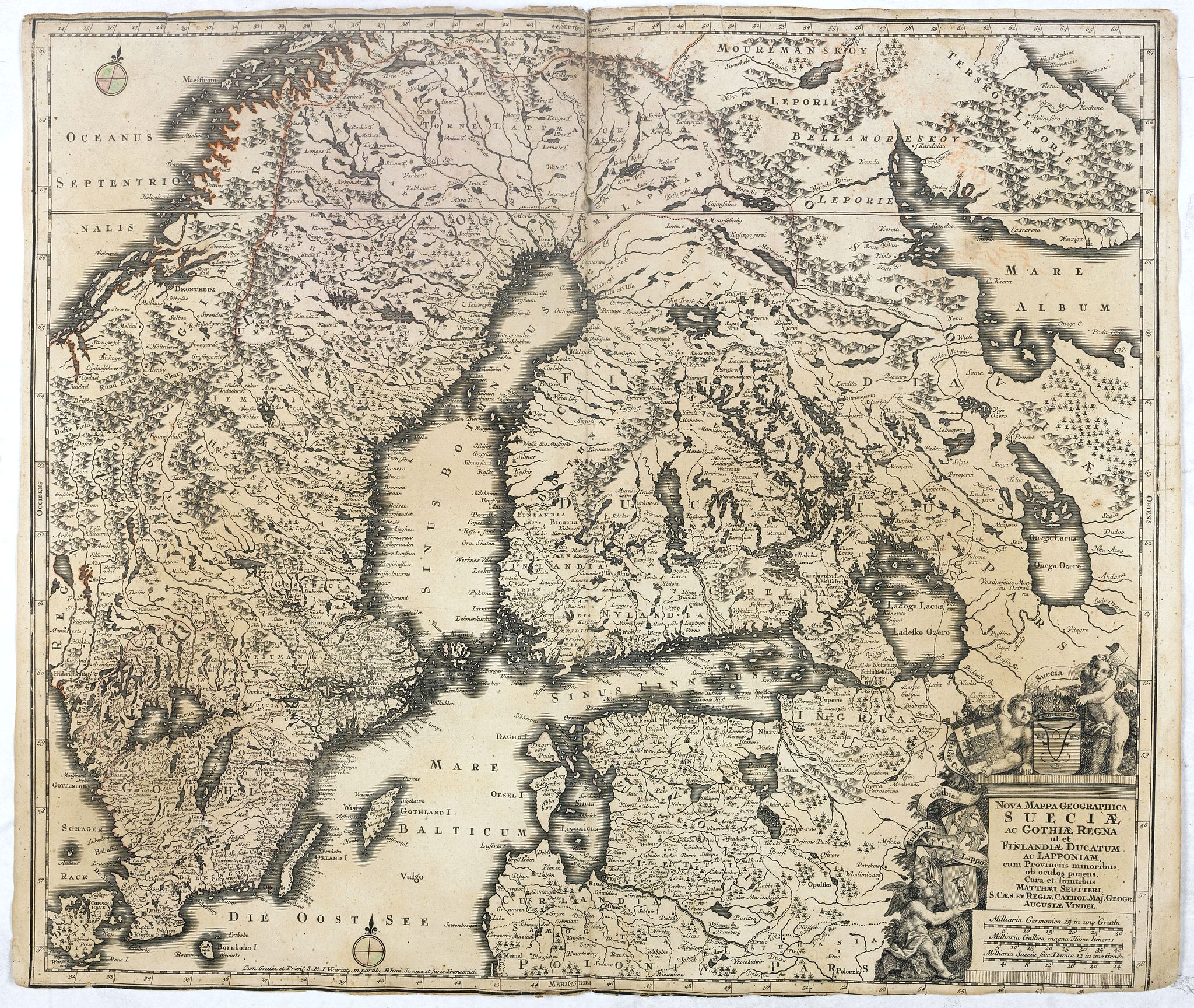 SEUTER, M., Nova mappa geographica Sueciae ac Gothiae regna ut et Finlandiae Ducatum ac Lapponia. . ., antique map, old maps