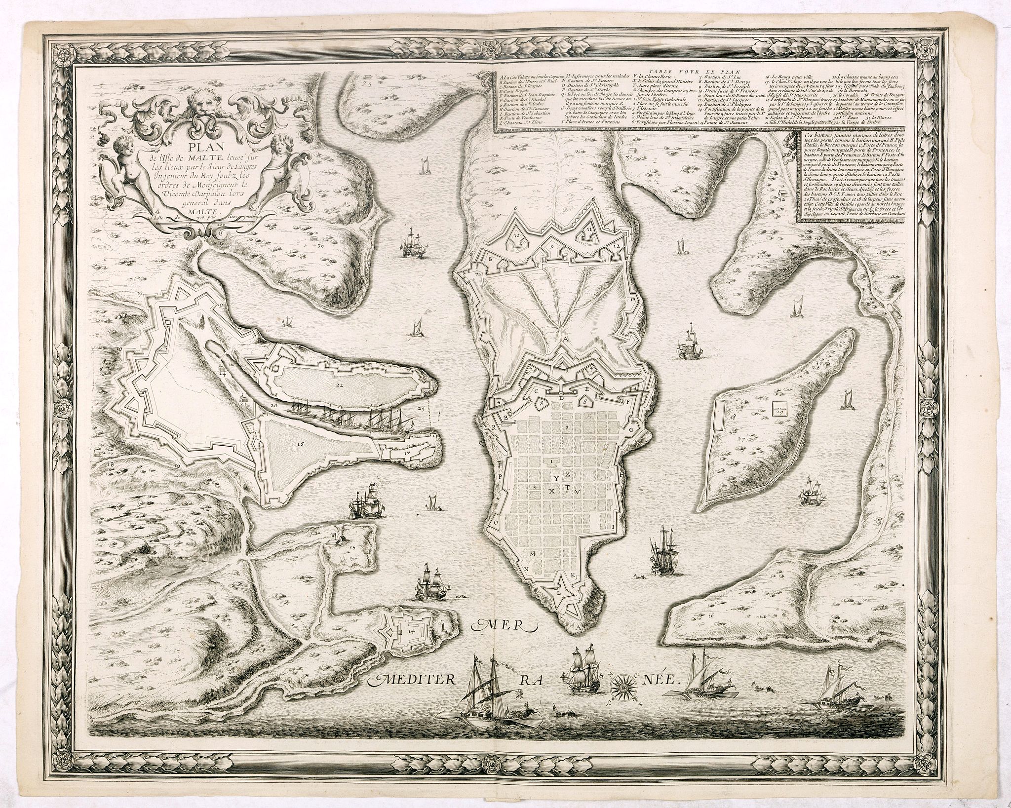 PONTAULT DE BEAULIEU, S., Plan de l'isle de Malte levée sur les lieux par le Sieur de Langres, Ingenieur du Roy soubz les Ordres de Monseigneur le Vicomte Darpaion lors général dans Malte., antique map, old maps