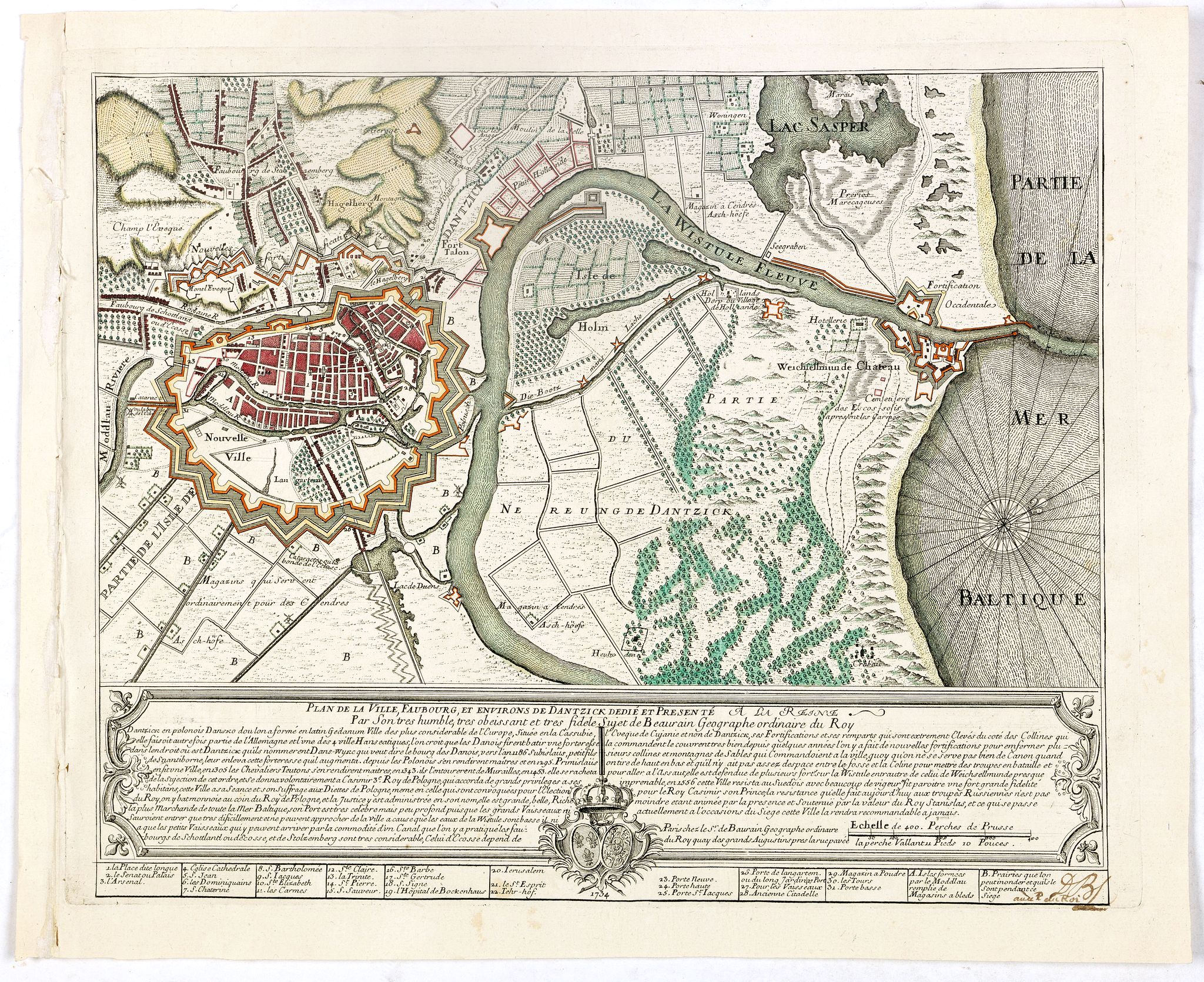 DE BAURAIN, J., Plan de la Ville, Faubourg et environs de Dantzick, dédié et présenté à la Reine. (Gdansk ), antique map, old maps