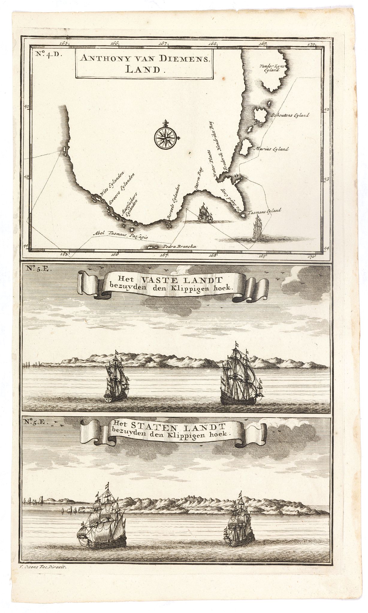 VALENTIJN, F., Anthony van Diemens Land / Het vaste Landt bezuyden den Klippigen hoek. / Het Staten Landt bezuyden den Klippigen hoek., antique map, old maps