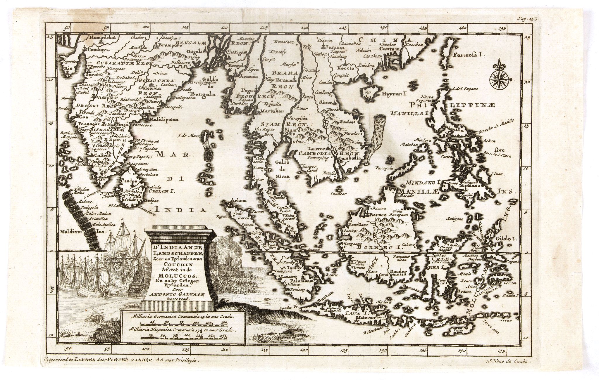 VAN DER AA, P., D'Indiaanze Landschappen, Zeen en Eylanden, van Couchin Af, tot in de Moluccos, En na by Gelegen Eylanden, Door Antionio Galvaon Besyevend., antique map, old maps