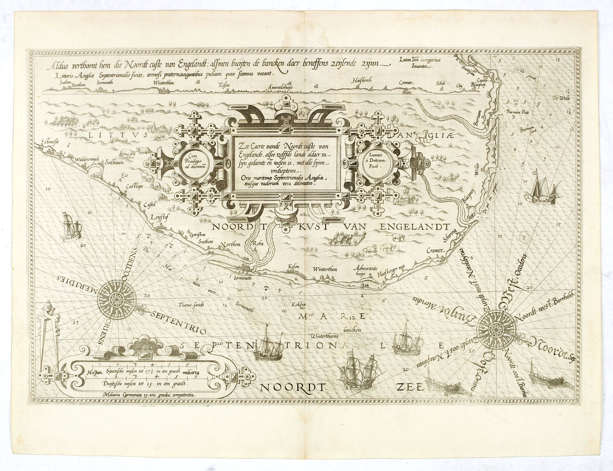 WAGHENAER, L. J., Zee Caerte vande Noordt custe van Engelandt, alsoe tzelffde landt aldaer. . ., antique map, old maps