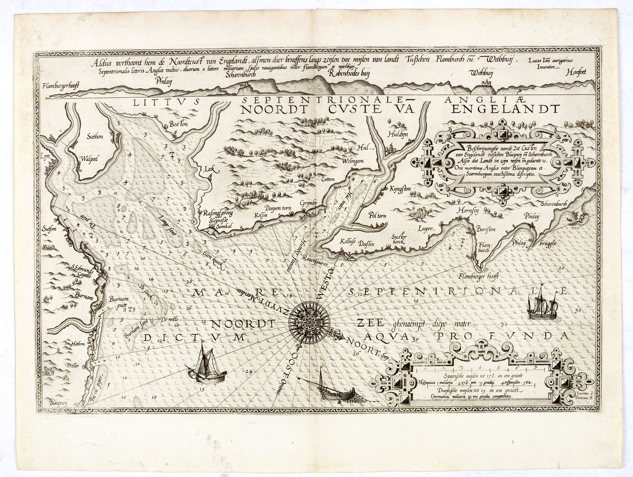 WAGHENAER, L. J., Zee Caerte vande Noordt custe van Engelandt, alsoe tzelffde landt aldaer. . ., antique map, old maps