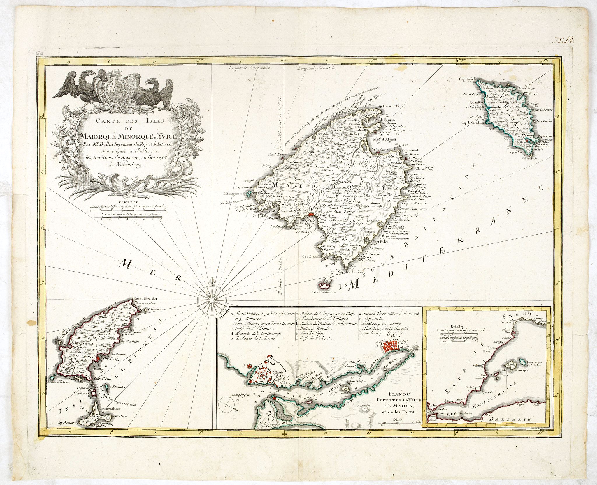 BELLIN, J.N. / HOMANN HEIRS, Carte des Isles de Maiorque Minorque et Yvice., antique map, old maps