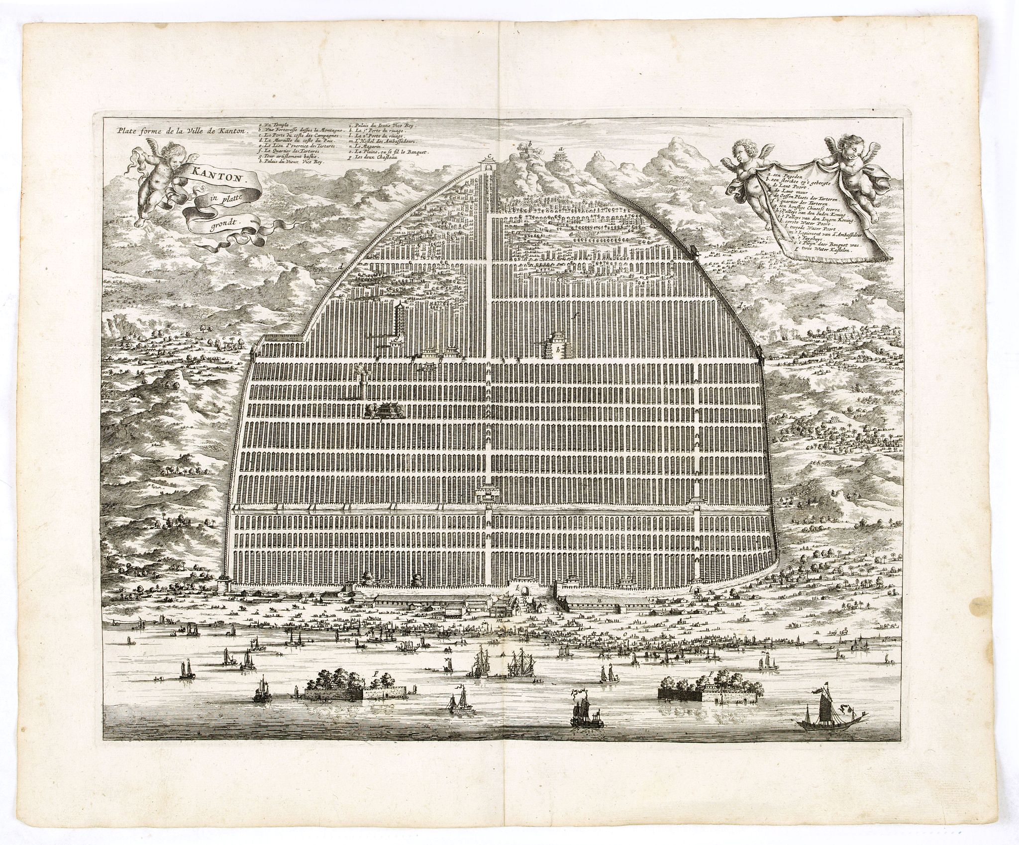 MEURS, J., Kanton in platte grondt / Plate forme de la ville de Kanton., antique map, old maps