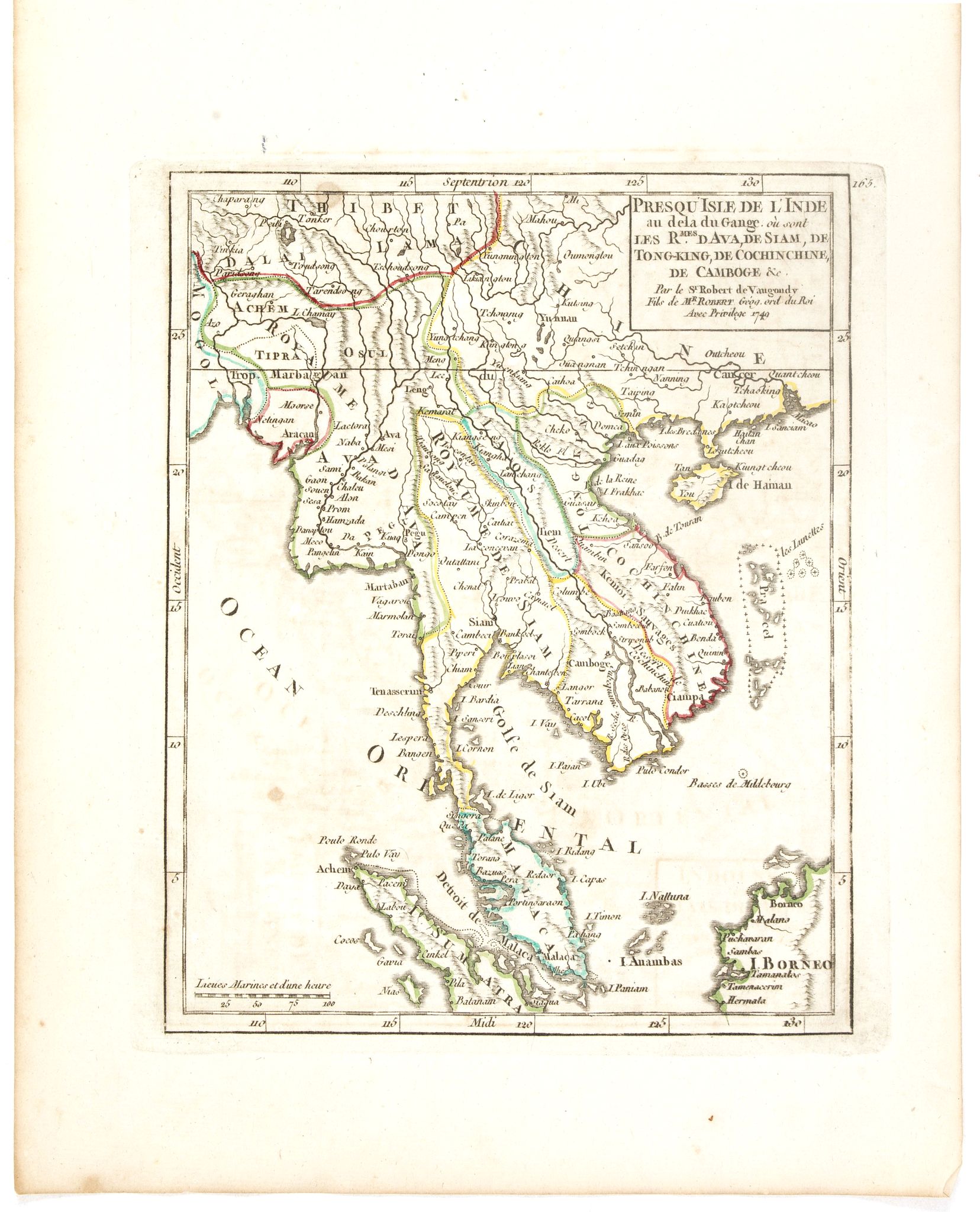 VAUGONDY, R. de, Presqu Isle fr L'Inde au dela du Gange ou sont les R.mes dAva, De Siam, De Tong-King, de Cochinchine de Cambodge, &c. Par le Sr. Robert de Vaugondy fils de Mr. Robert Geog. Ord du Roi avec Privilege 1749., antique map, old maps