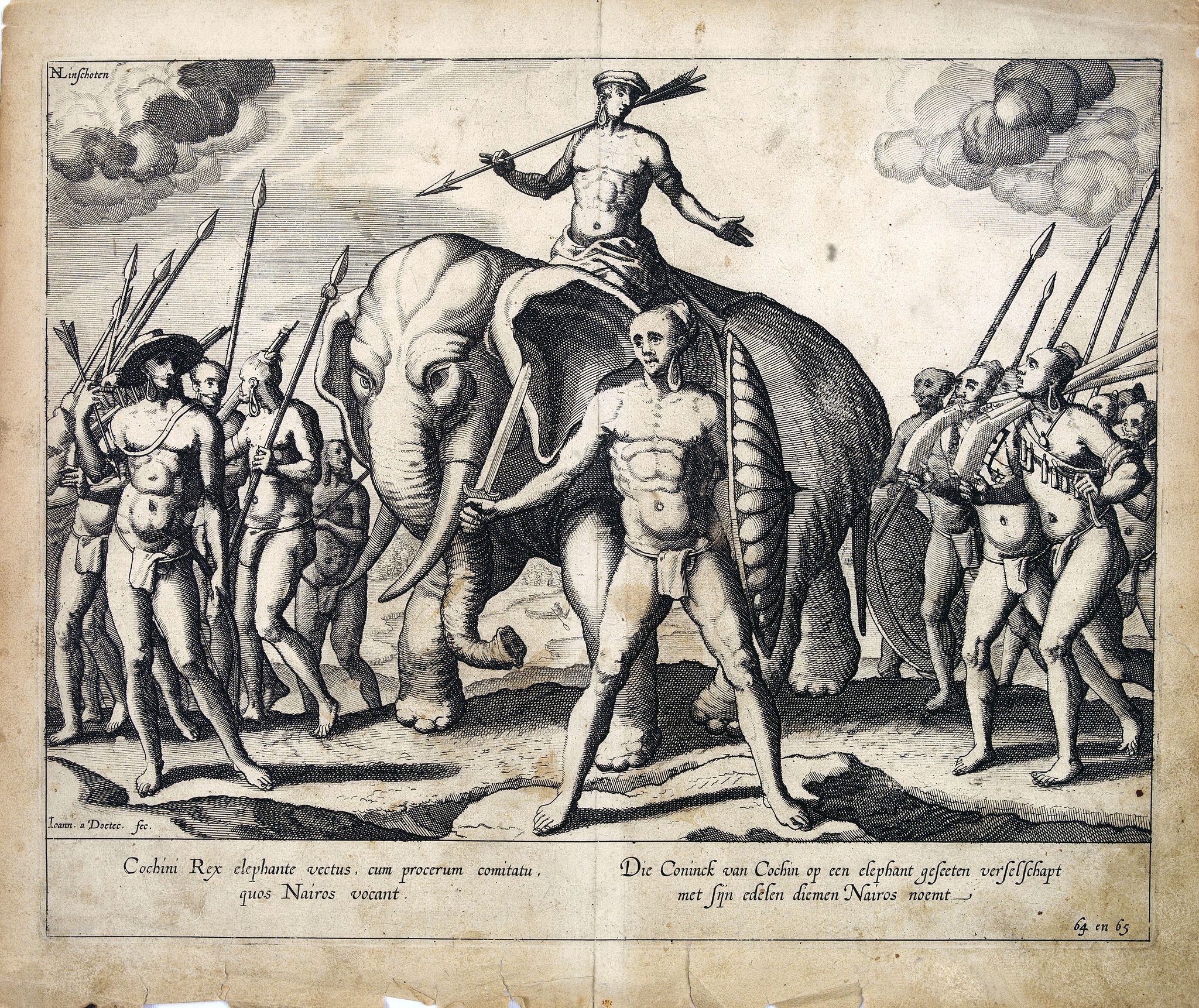 LINSCHOTEN, J.H., Cochini Rex elephante vectus, cum procerum comitatu, quos Nairos…, antique map, old maps