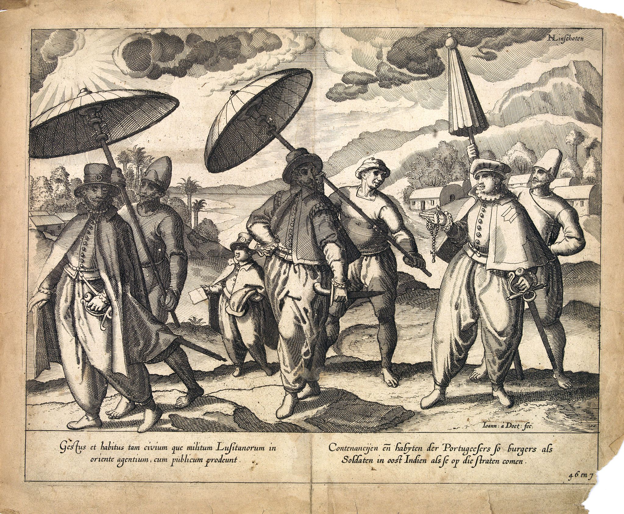 LINSCHOTEN, J.H., Gestus et habitus tam civium que militum Lusitanorum in oriente agentium…, antique map, old maps